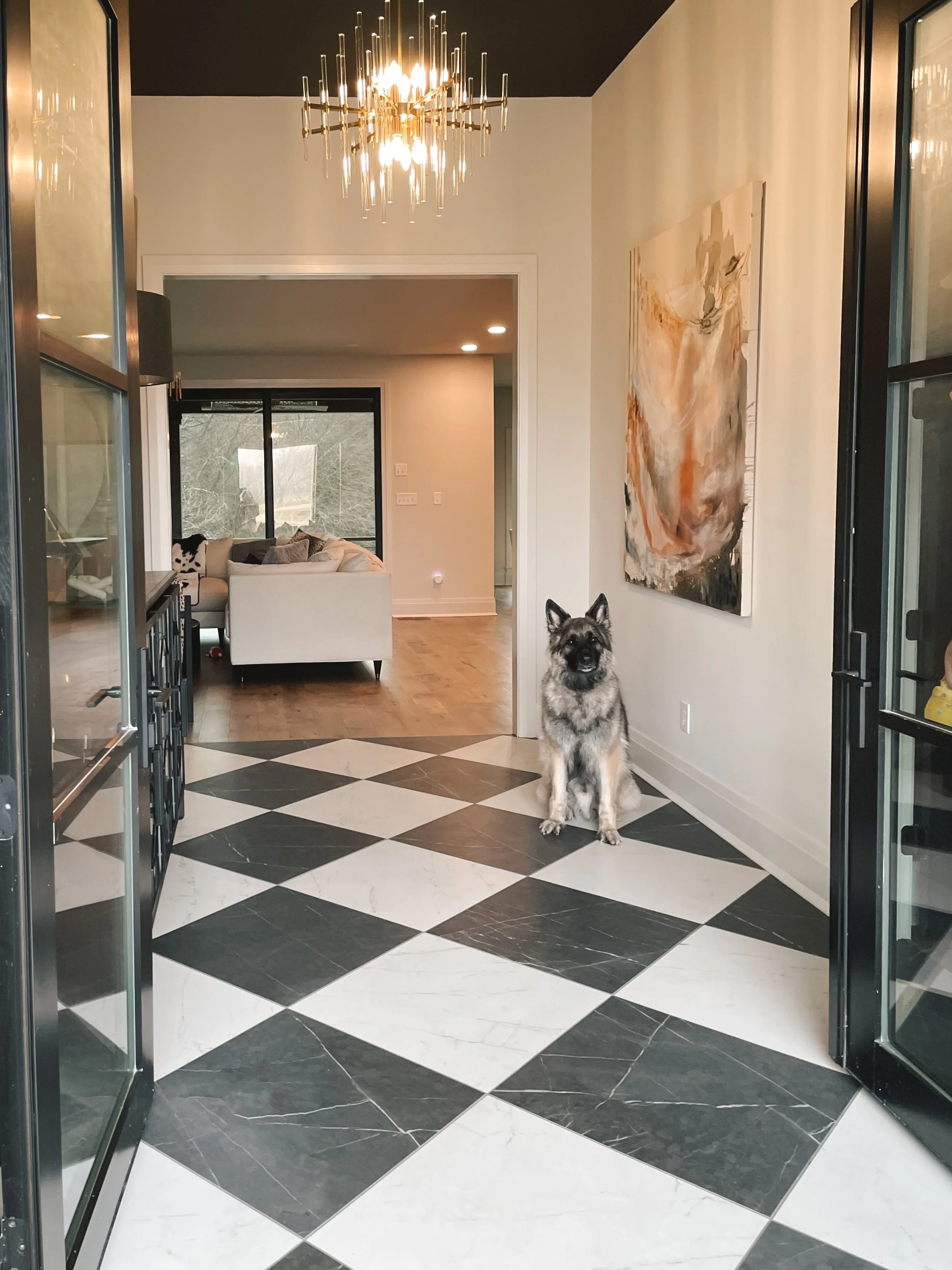 A German Shepherd dog sitting on a black and white checkered marble floor in a modern home interior near glass doors, with a large abstract painting on the wall and a royal gold chandelier hanging from a black ceiling.