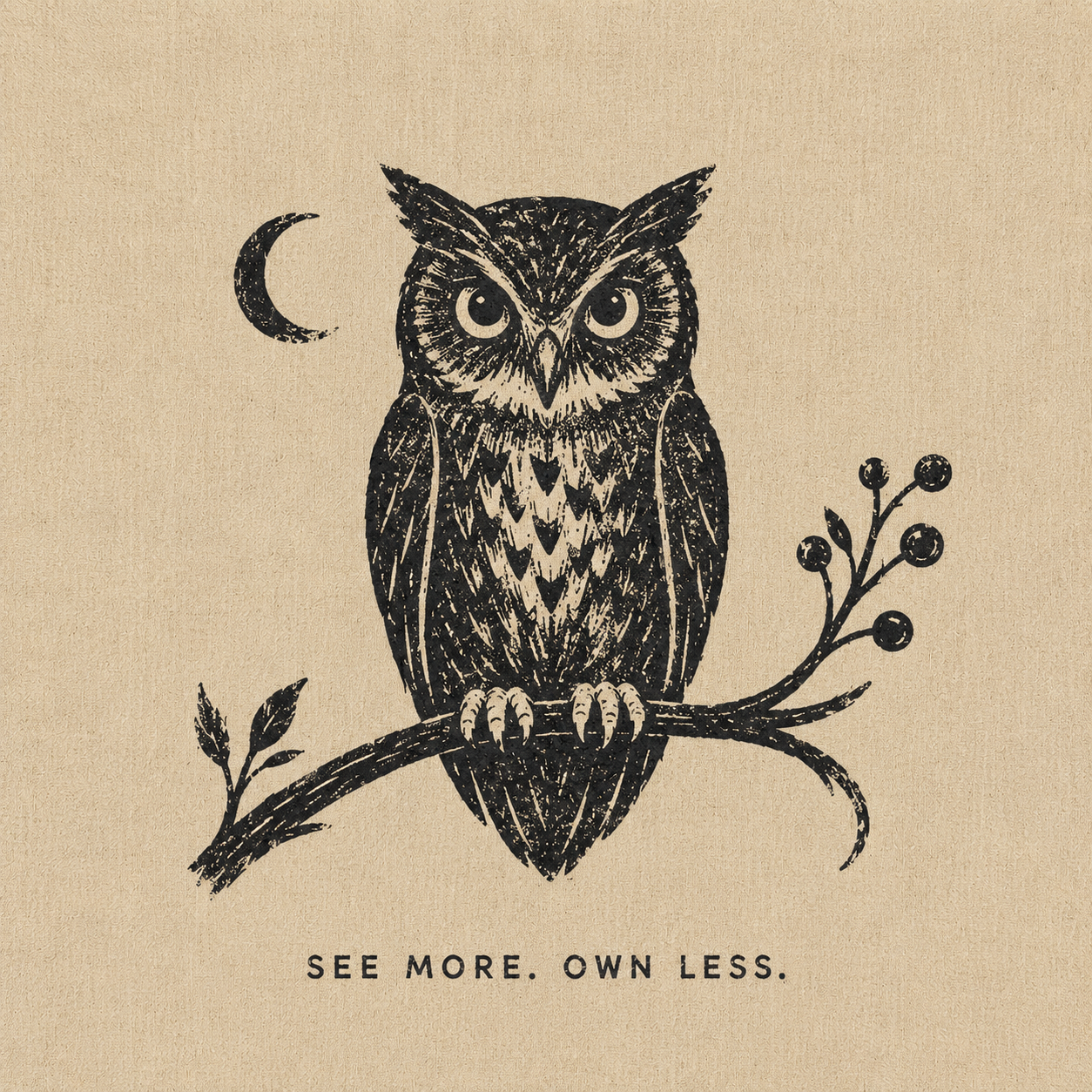 04 — SEE MORE. OWN LESS. Owl on a branch beneath the moon. Public-domain design; adapt, translate, reuse.