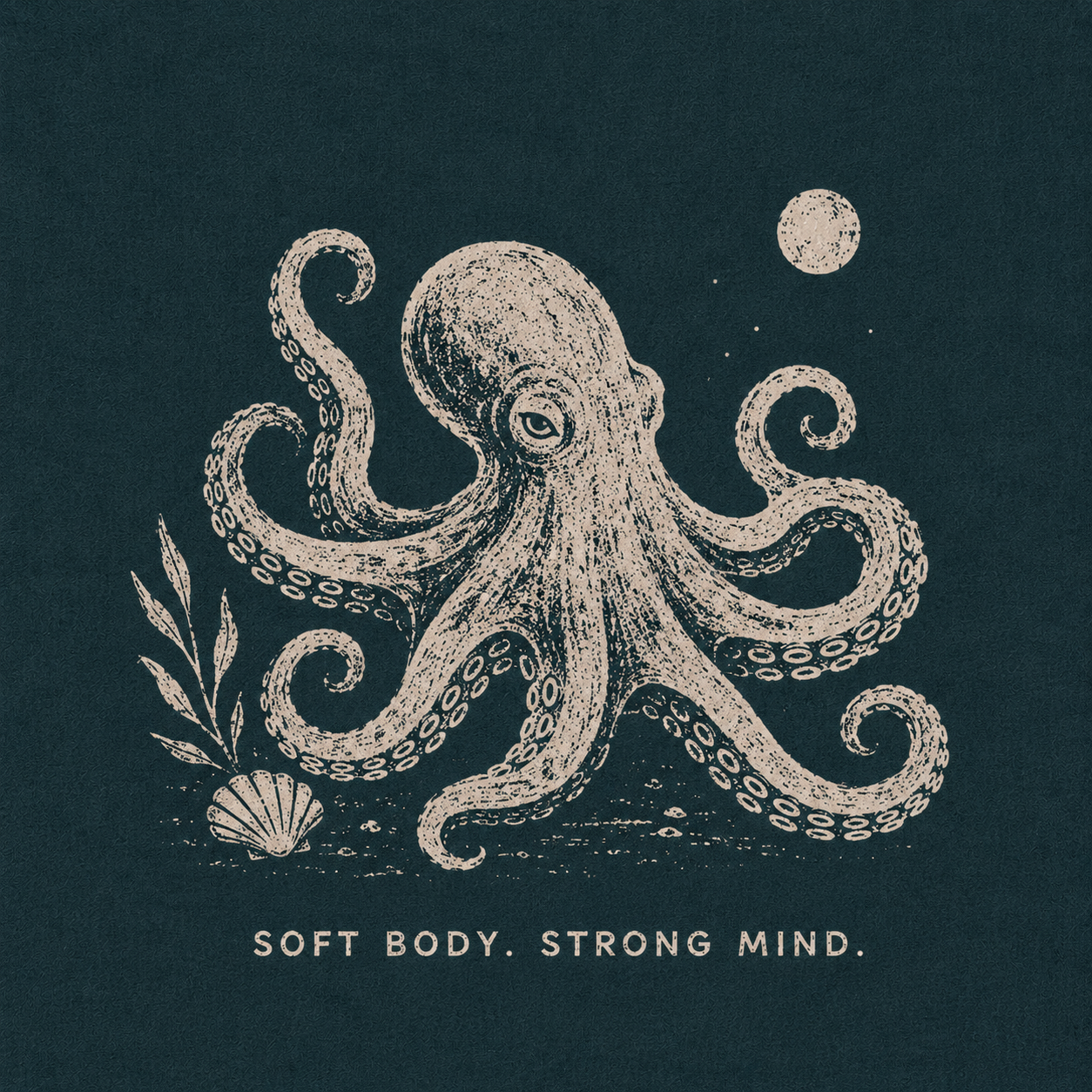 08 — SOFT BODY. STRONG MIND. Octopus with shell and moon. Public-domain design; adapt, translate, reuse.