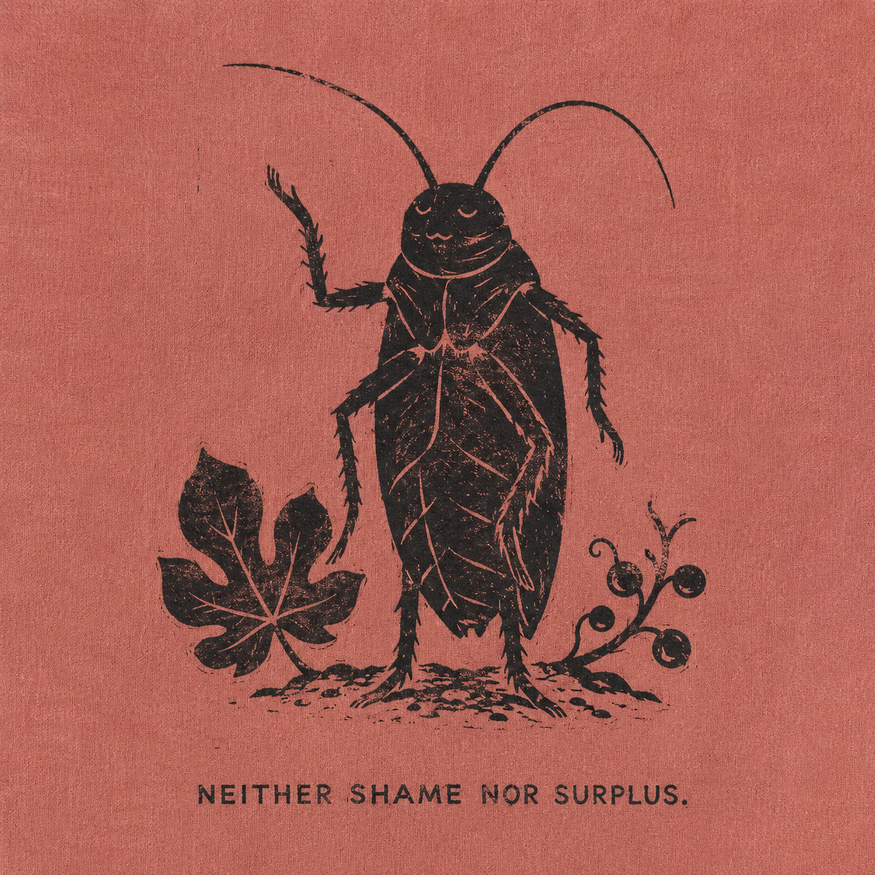 01 — NEITHER SHAME NOR SURPLUS. Cockroach with fig leaf and berries. Public-domain design; adapt, translate, reuse.