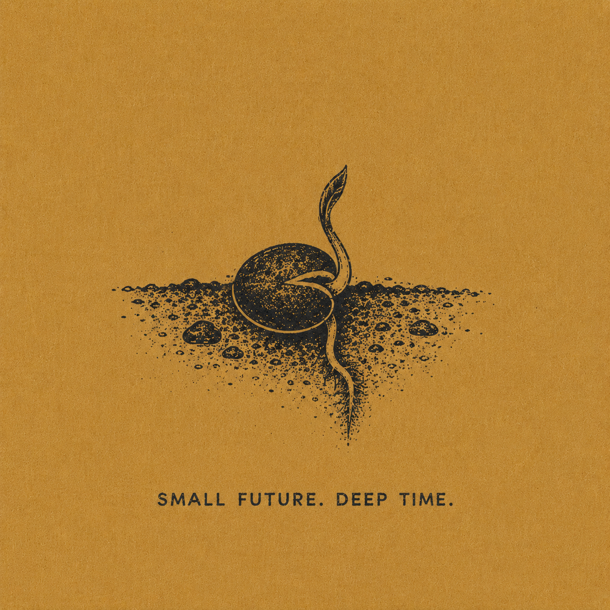 14 — SMALL FUTURE. DEEP TIME. Germinating seed in soil. Public-domain design; adapt, translate, reuse.