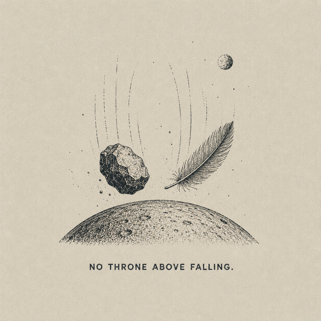 19 — NO THRONE ABOVE FALLING. Stone and feather falling through space. Public-domain design; adapt, translate, reuse.
