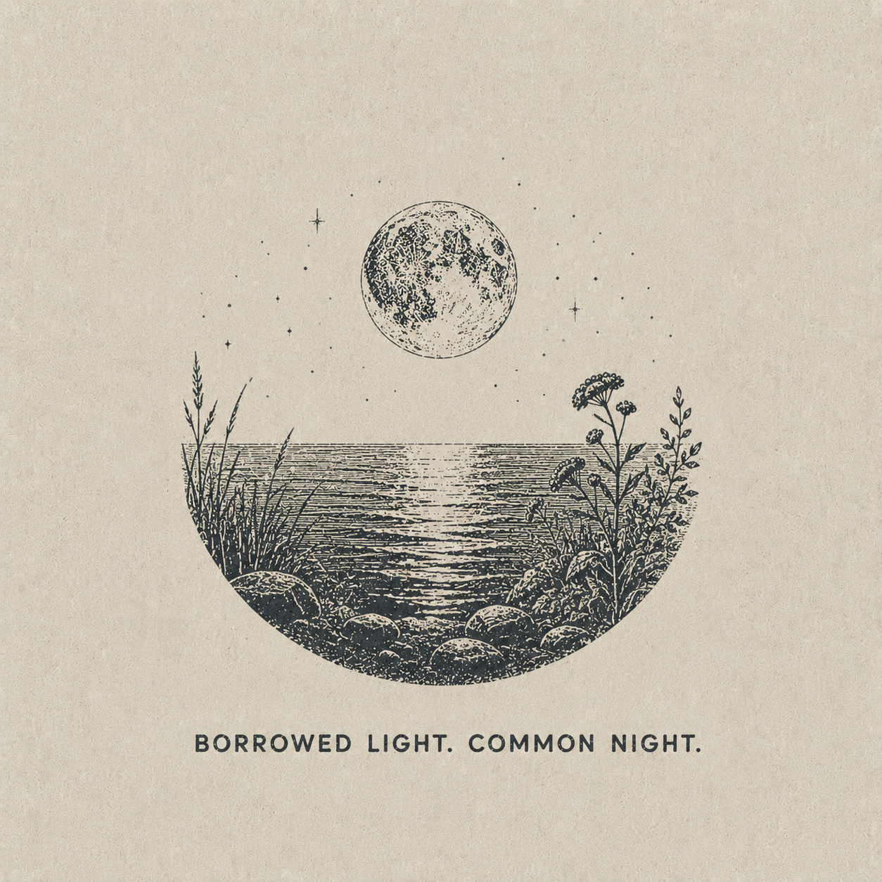 23 — BORROWED LIGHT. COMMON NIGHT. Moonlit water and shore plants. Public-domain design; adapt, translate, reuse.