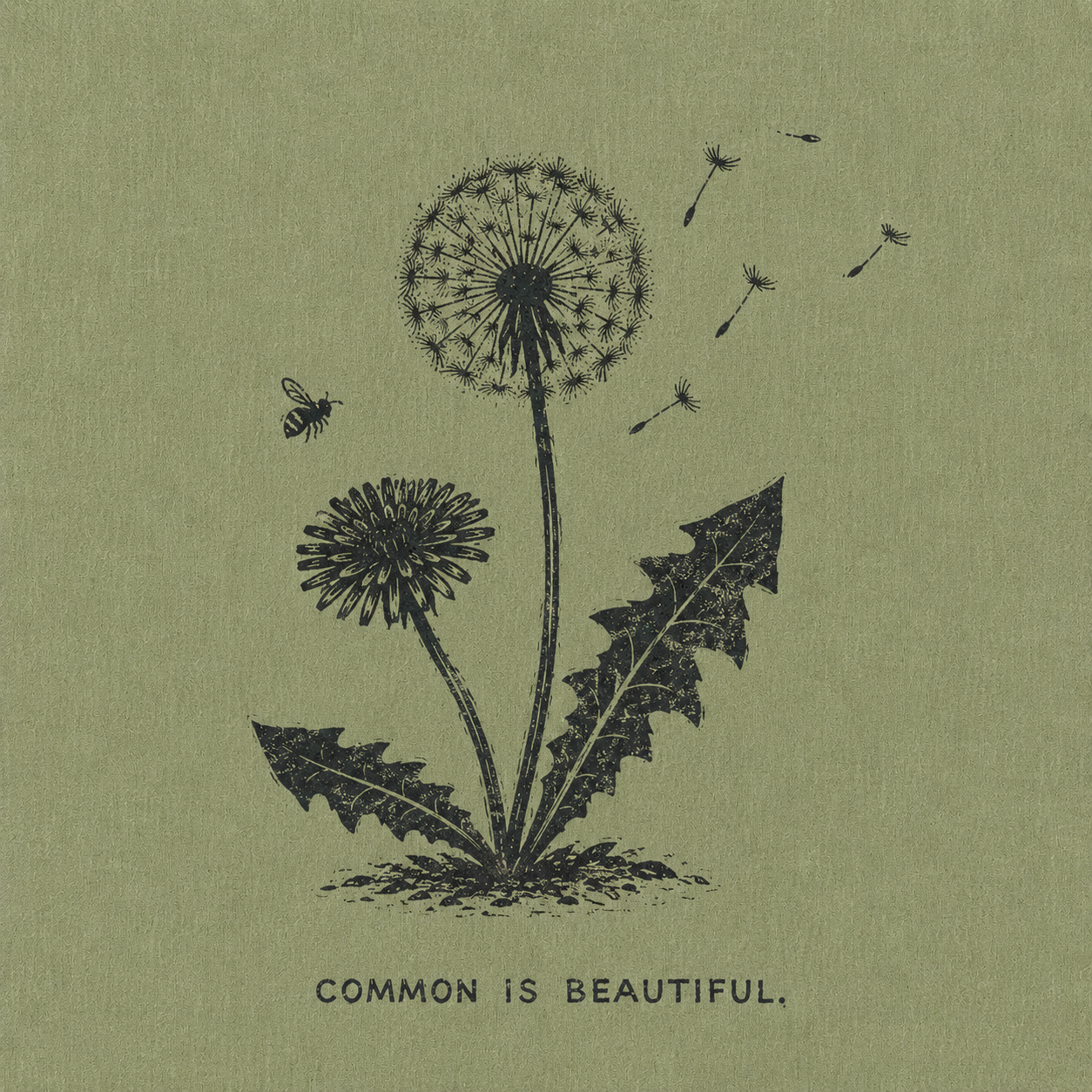 02 — COMMON IS BEAUTIFUL. Dandelion, bee and windblown seeds. Public-domain design; adapt, translate, reuse.