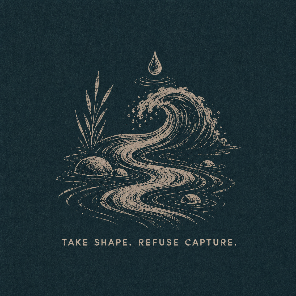 17 — TAKE SHAPE. REFUSE CAPTURE. Water, wave and suspended drop. Public-domain design; adapt, translate, reuse.