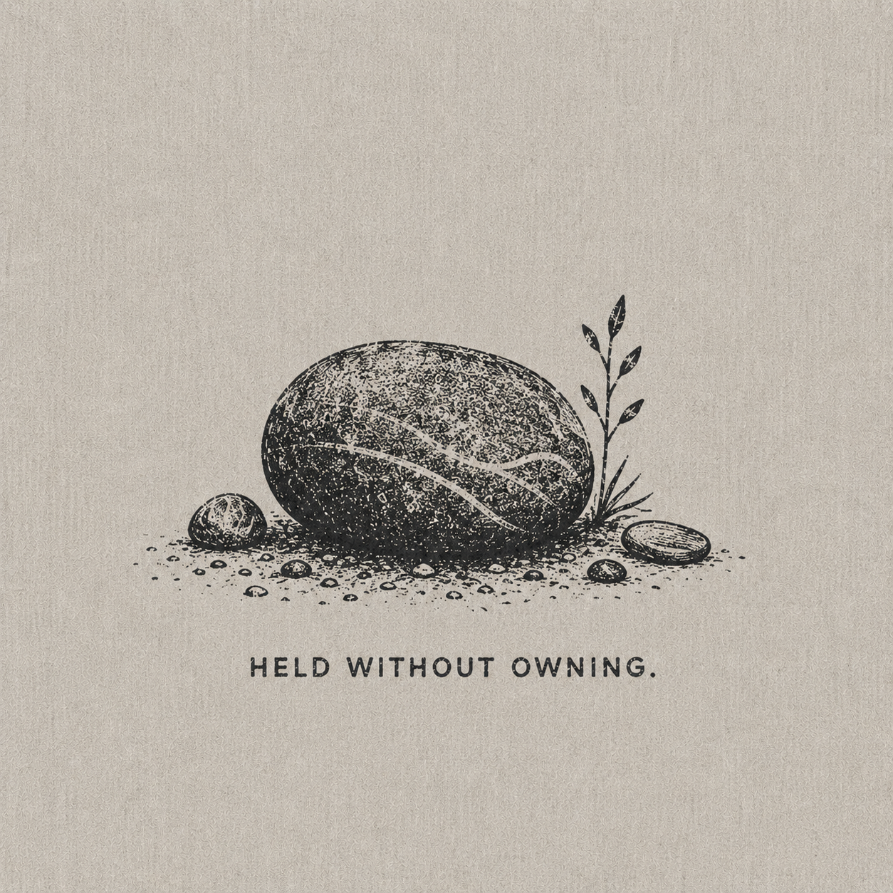 16 — HELD WITHOUT OWNING. Stone, seed and small plant. Public-domain design; adapt, translate, reuse.