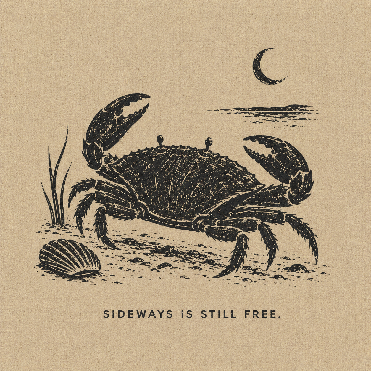 07 — SIDEWAYS IS STILL FREE. Crab on the shore. Public-domain design; adapt, translate, reuse.