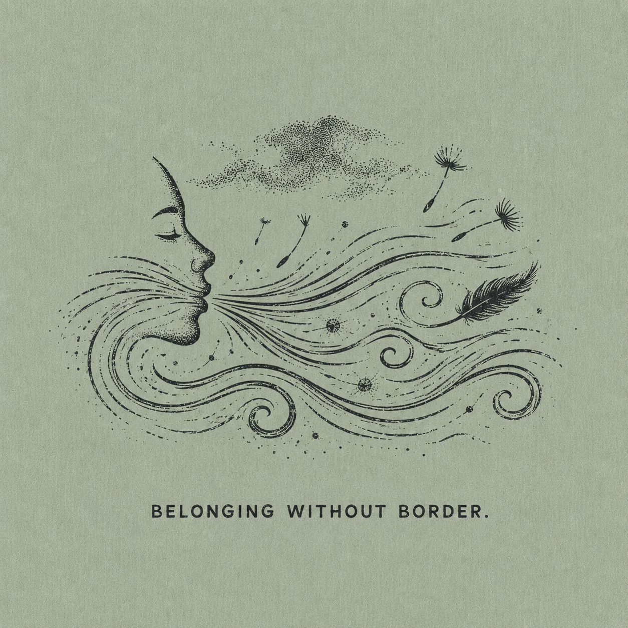 18 — BELONGING WITHOUT BORDER. Breath, wind, seeds and feather. Public-domain design; adapt, translate, reuse.