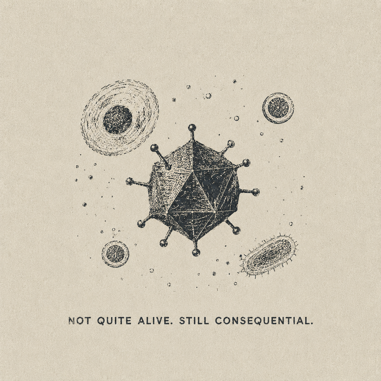 13 — NOT QUITE ALIVE. STILL CONSEQUENTIAL. Virus-like form among microscopic matter. Public-domain design; adapt, translate, reuse.