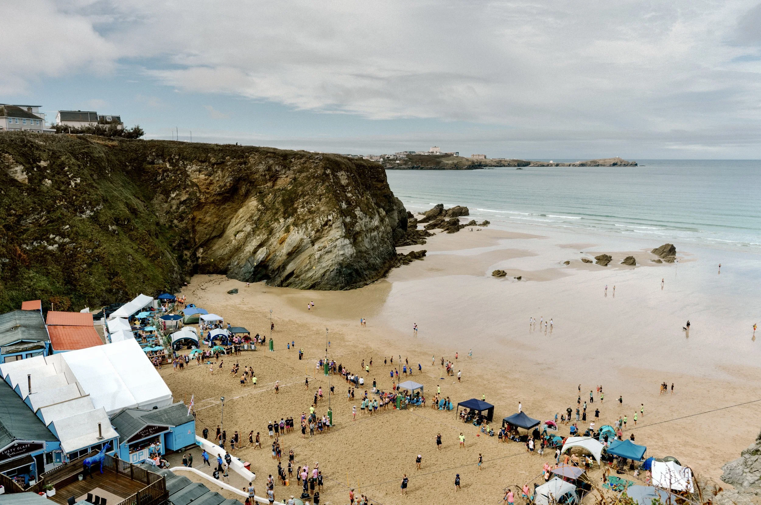 Lusty Glaze cove and beach bar from above, near Newquay, Cornwall