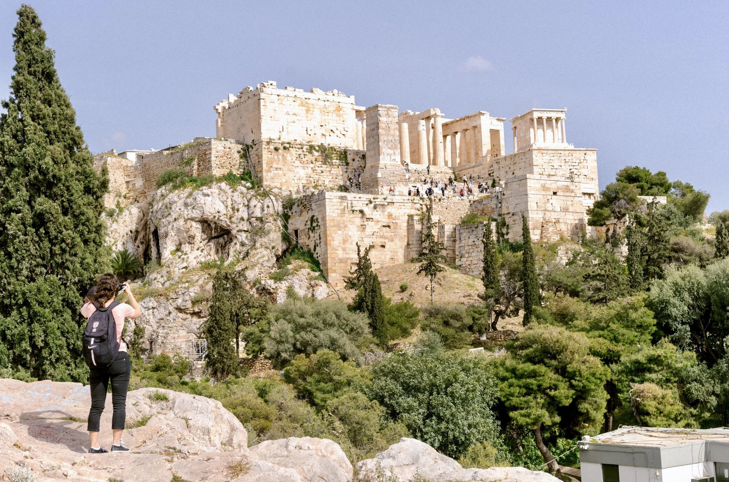 View of the Acropolis and Parthenon from the Pnyx ancient assembly hill Athens Greece