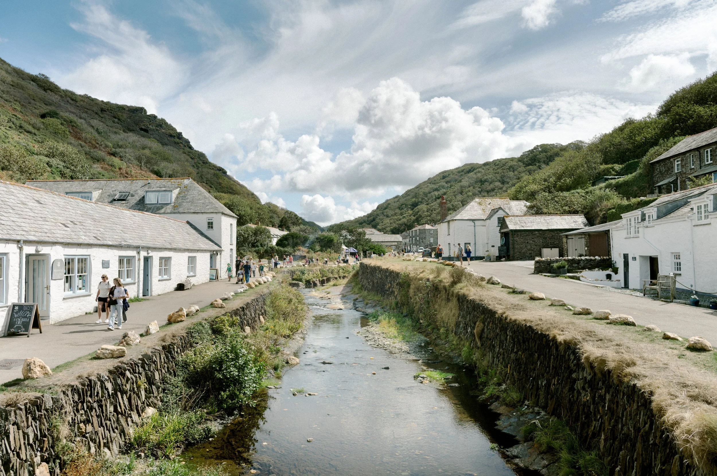 Boscastle village and harbour stream between the hills, north Cornwall
