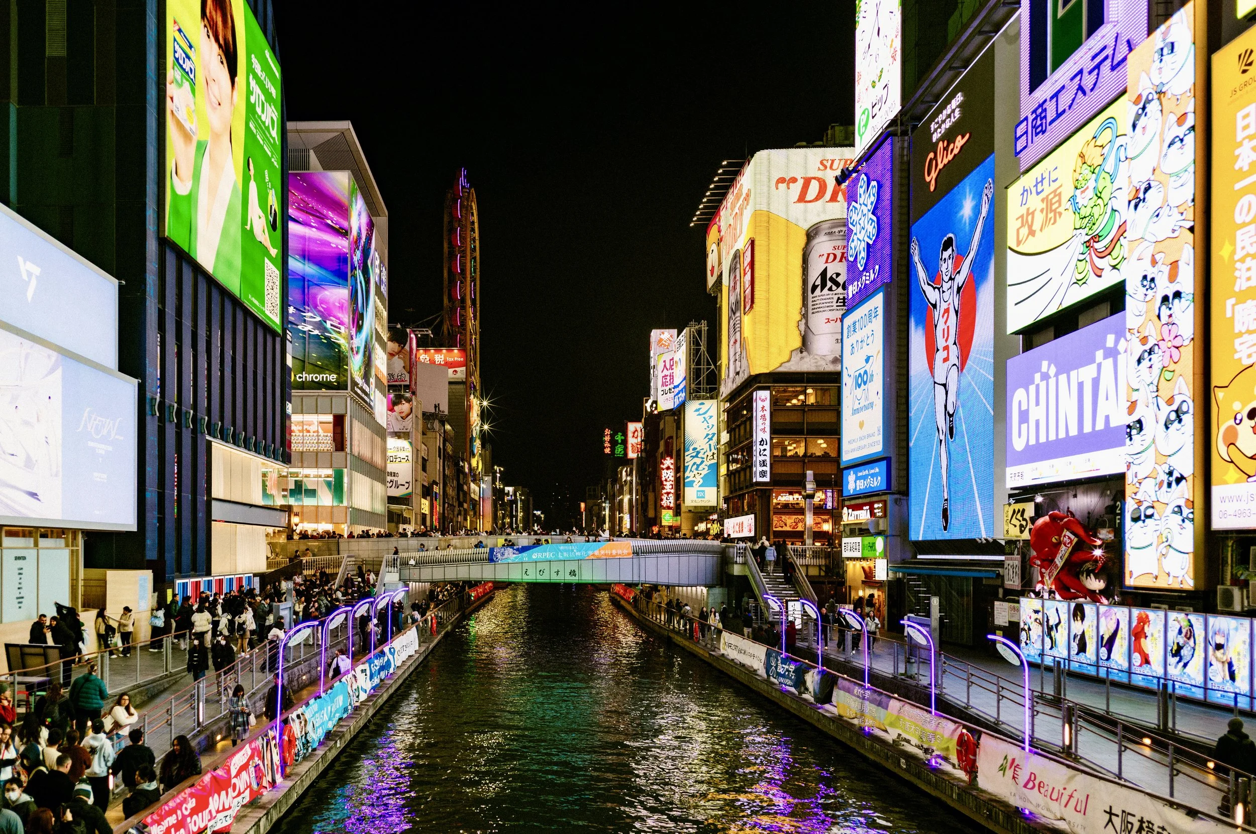 Dotonbori neon lights and street food at night, Osaka