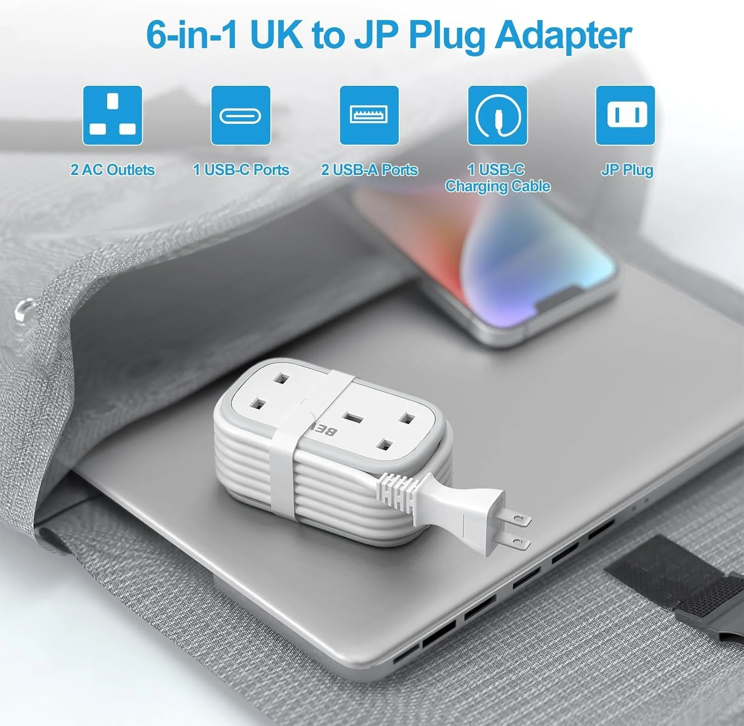 BEVA 6 in 1 UK to Japan travel adapter resting on a laptop, showing two AC sockets, USB ports, and a built in USB C charging cable.