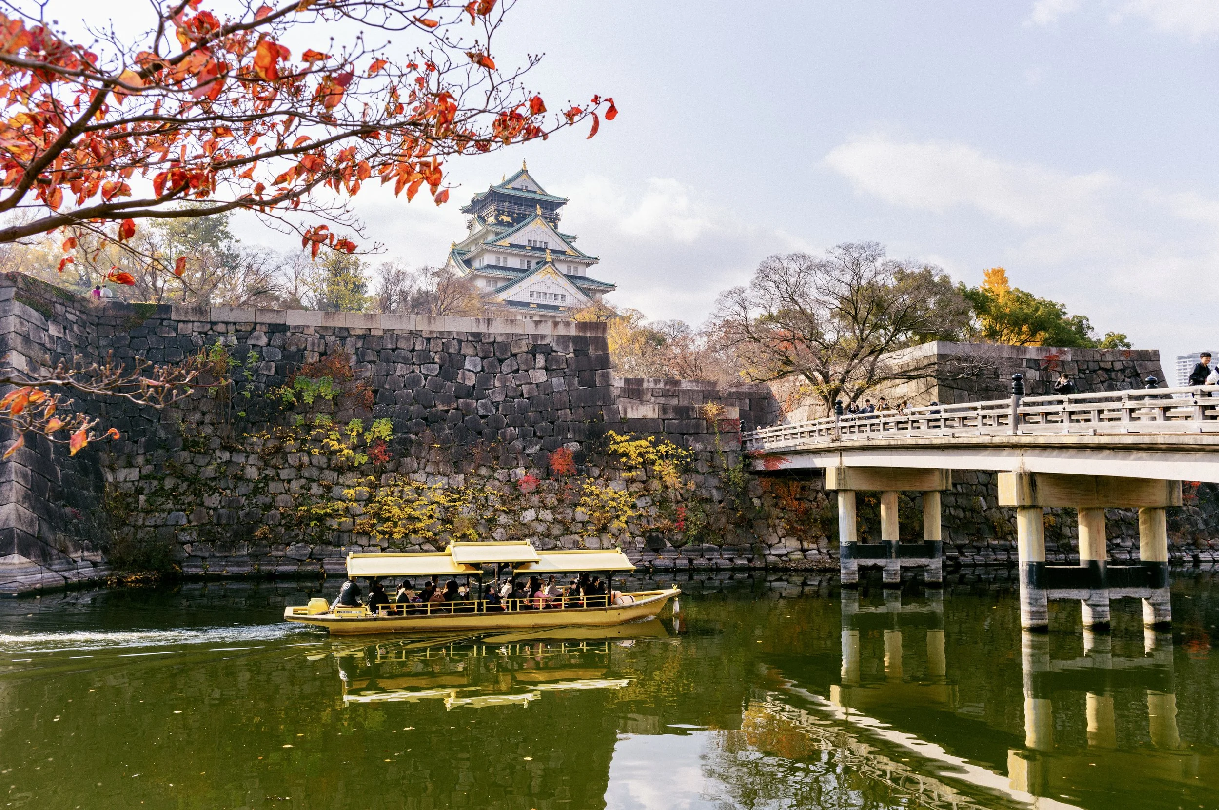 Osaka Castle with boat on the moat, Japan