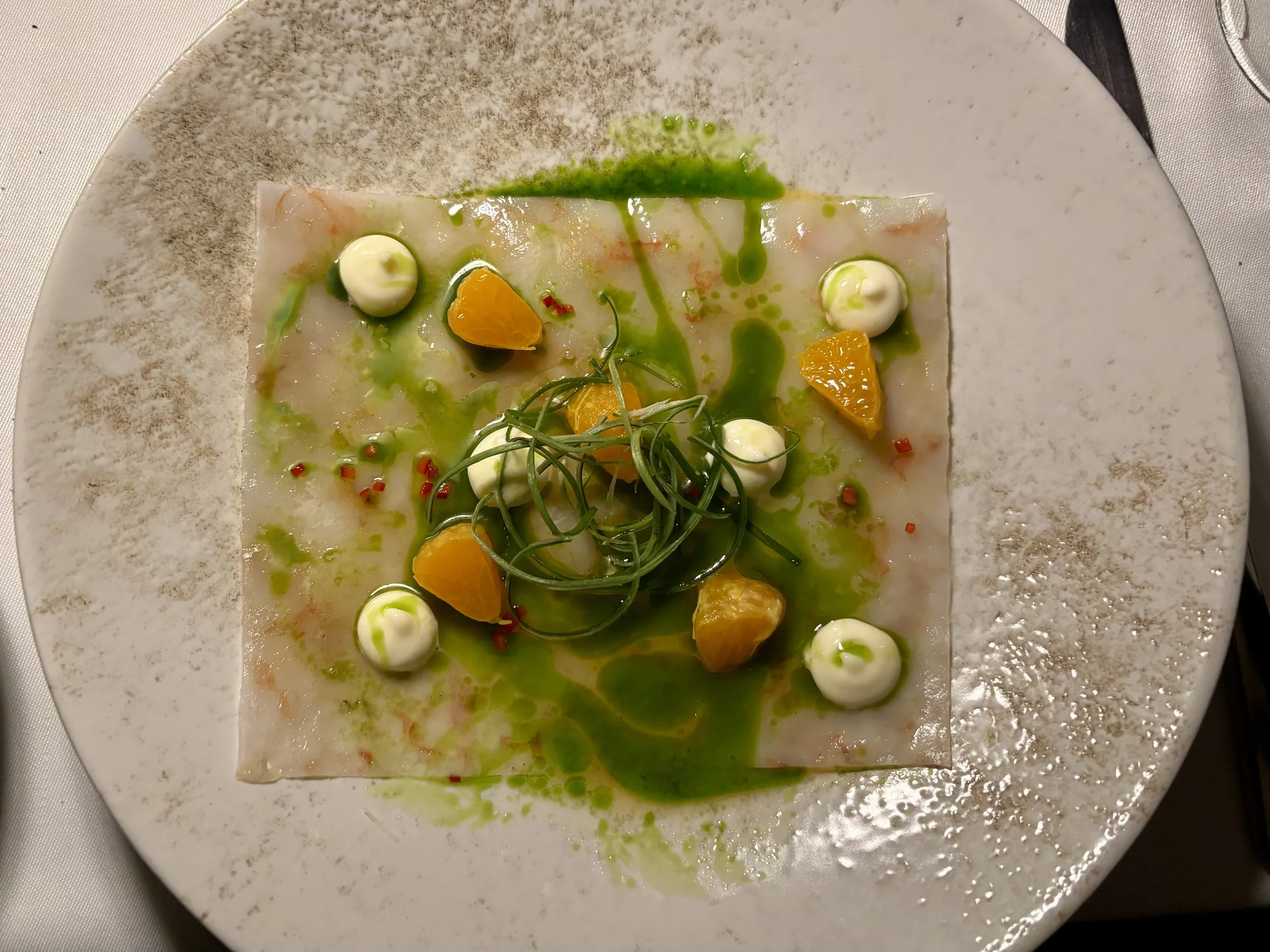Shrimp carpaccio starter at The Hill rooftop restaurant Athens Greece