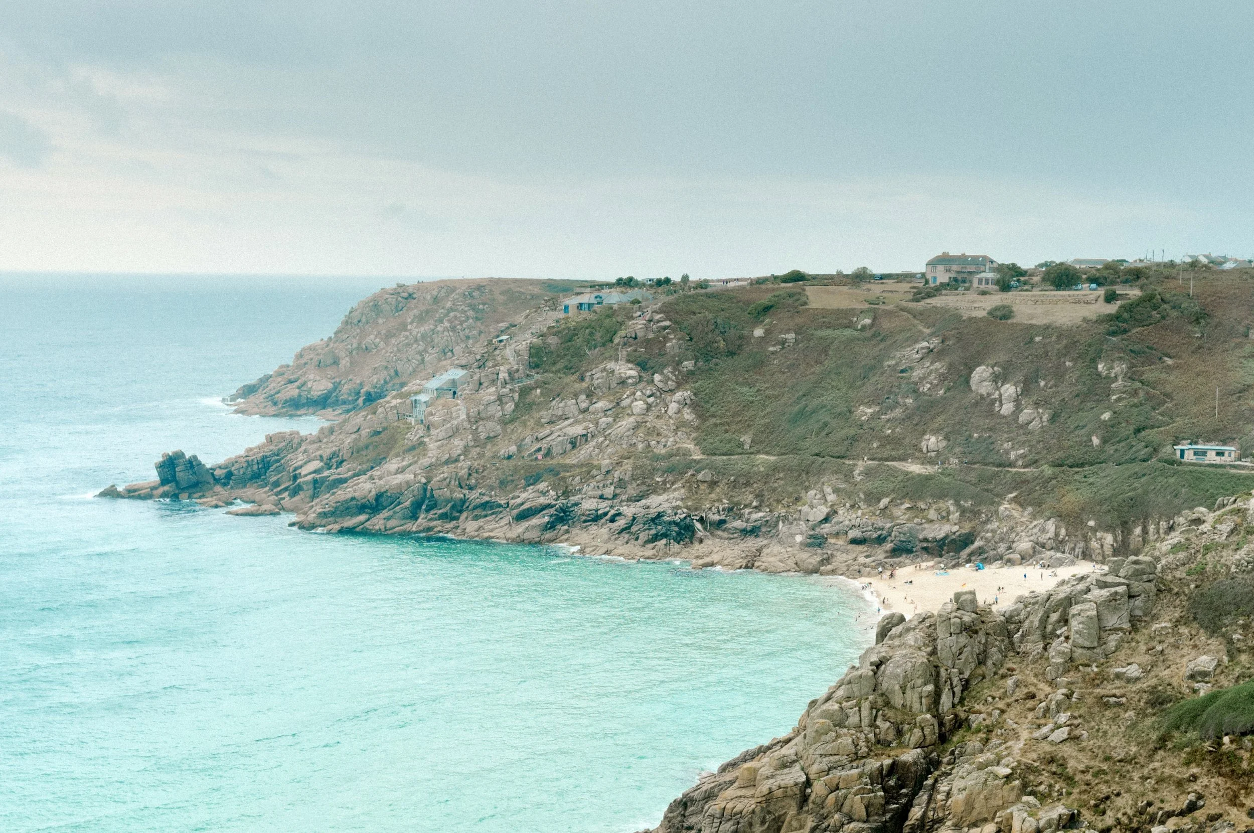 View along the cliffs towards the Minack Theatre and Porthcurno