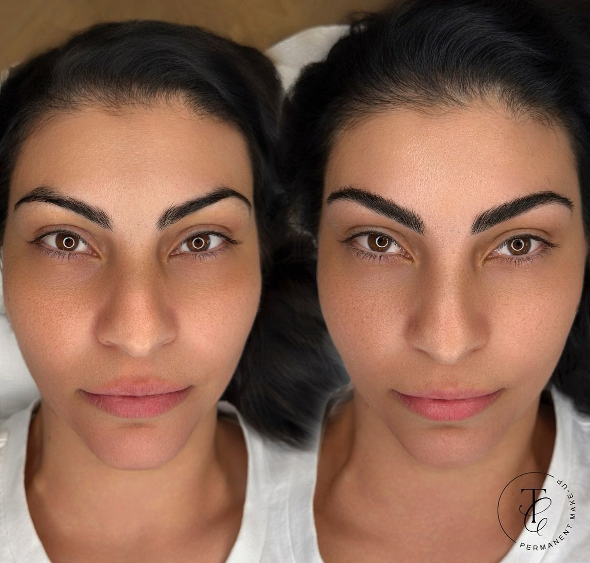 On the left: untouched natural brows.

On the right: a custom design that enhances symmetry, density, and structure while respecting her unique features.

This technique (feathering) blends precision with softness, creating results that elevate witho