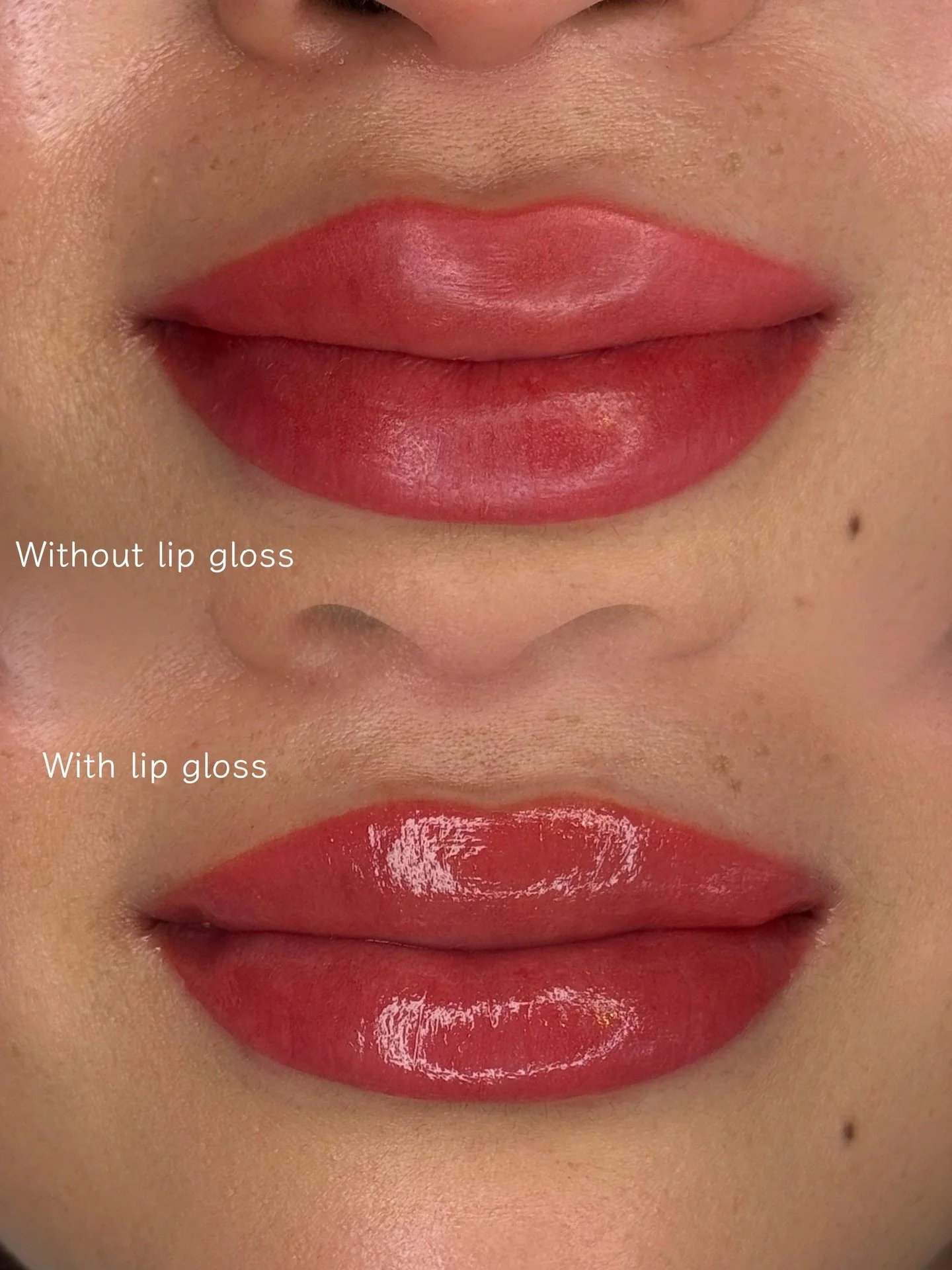 Straight off the needle - Lipstick effect 💋 

This technique involves full lip coverage. 

First photo is straight after procedure, second photo is after lip massage to reduce swelling and with gloss.

Once healed, colour will soften and lighten by 