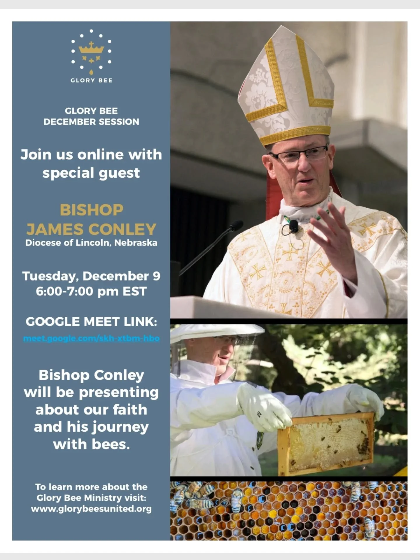 You are invited to join the Glory Bee Ministry group for our virtual December Session with @bishop_conley a week from today, December 9th!

We are delighted to have Bishop James Conley join us from the Diocese of Lincoln in Nebraska.
Bishop Conley wa