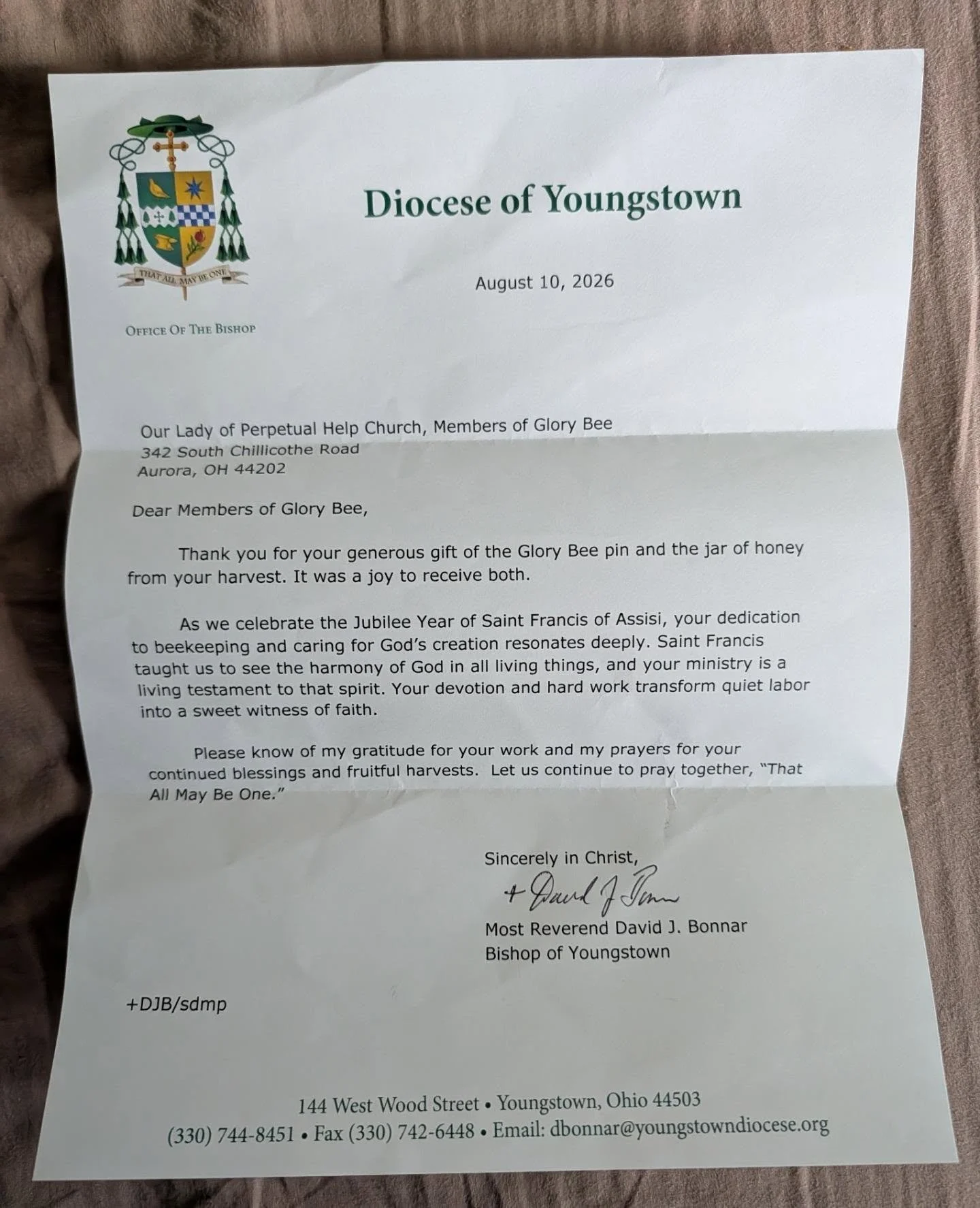 Thank you Bishop Bonnar for the wonderful note! We appreciate your prayers and support 🙏🐝🍯 @doyoungstown