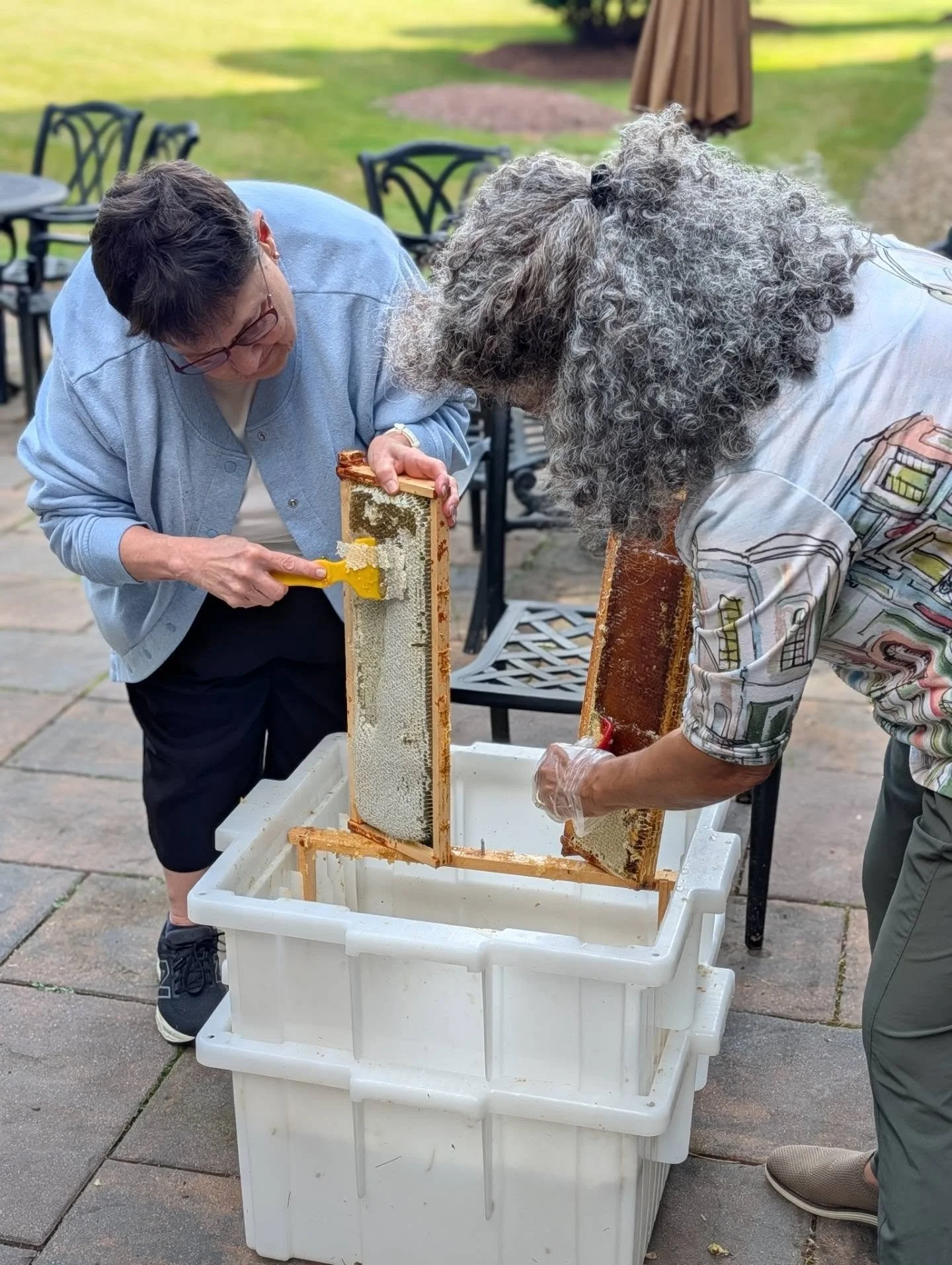 Harvesting Spring honey!! We will be bottling next week to be able to share with our parishioners. Was such a beautiful morning. We are grateful for the harvest! 🐝🍯 We are also grateful that the bear left us some frames to harvest and share 🙏🏼🐻?