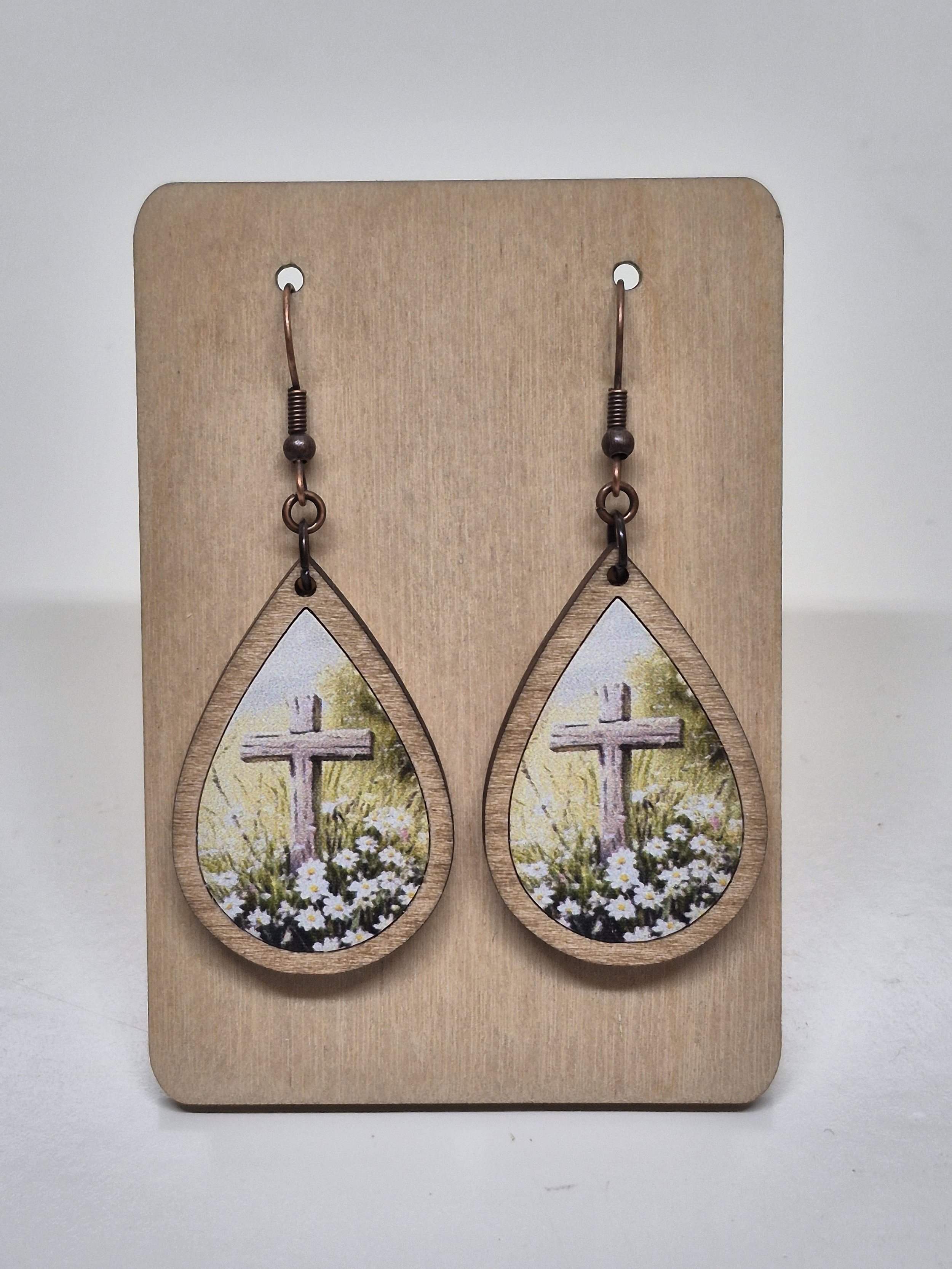 Cross with Flowers Teardrop Earrings