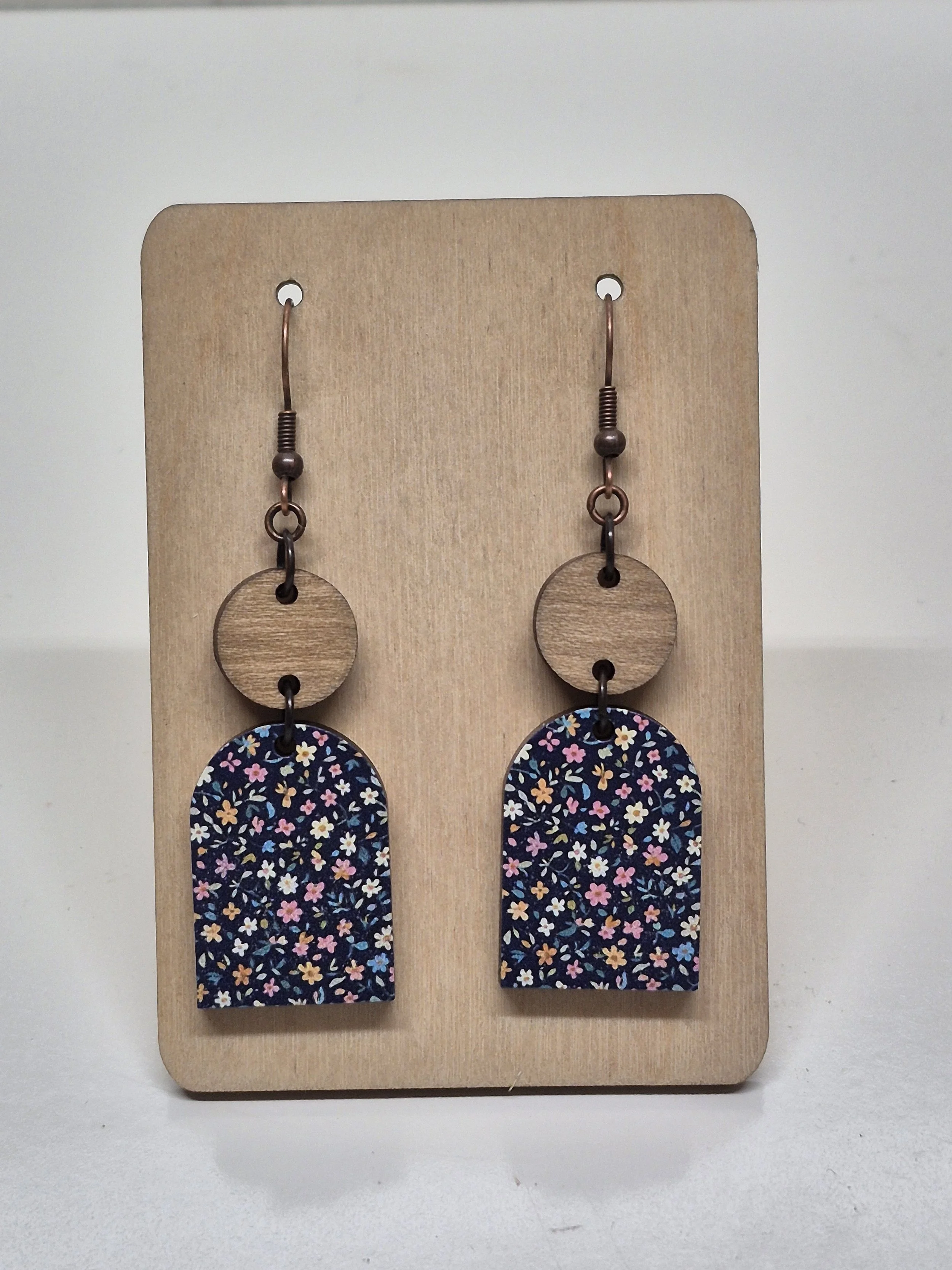 Mini Flowers with Dark Blue Background Arched Earrings