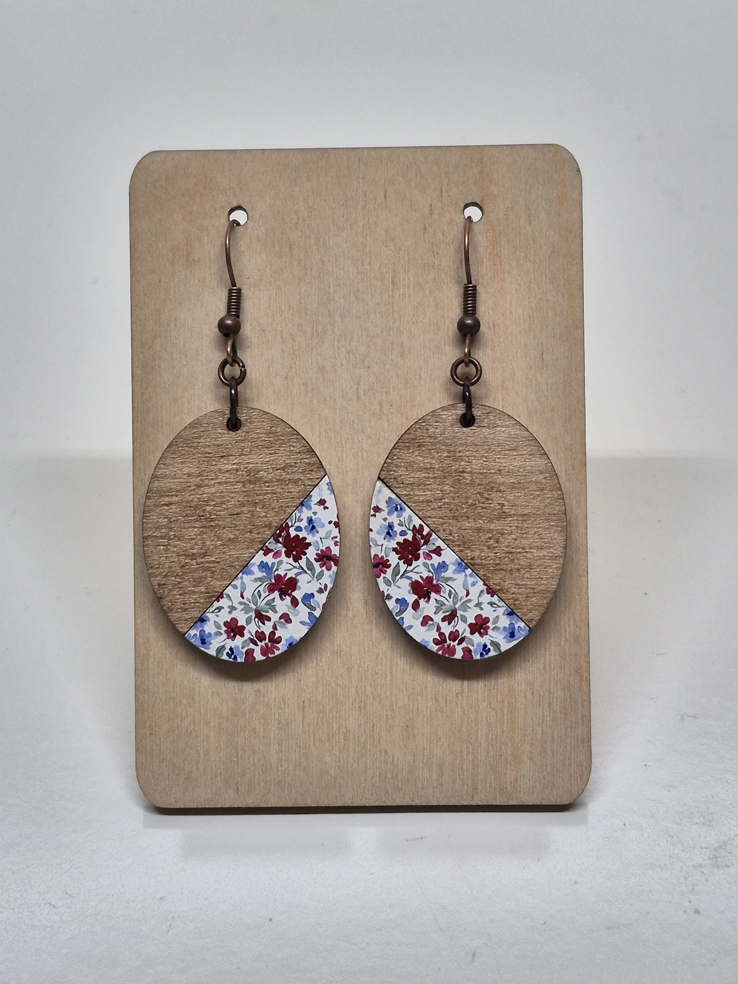 Blue / Red Floral Design Printed Oval Earrings