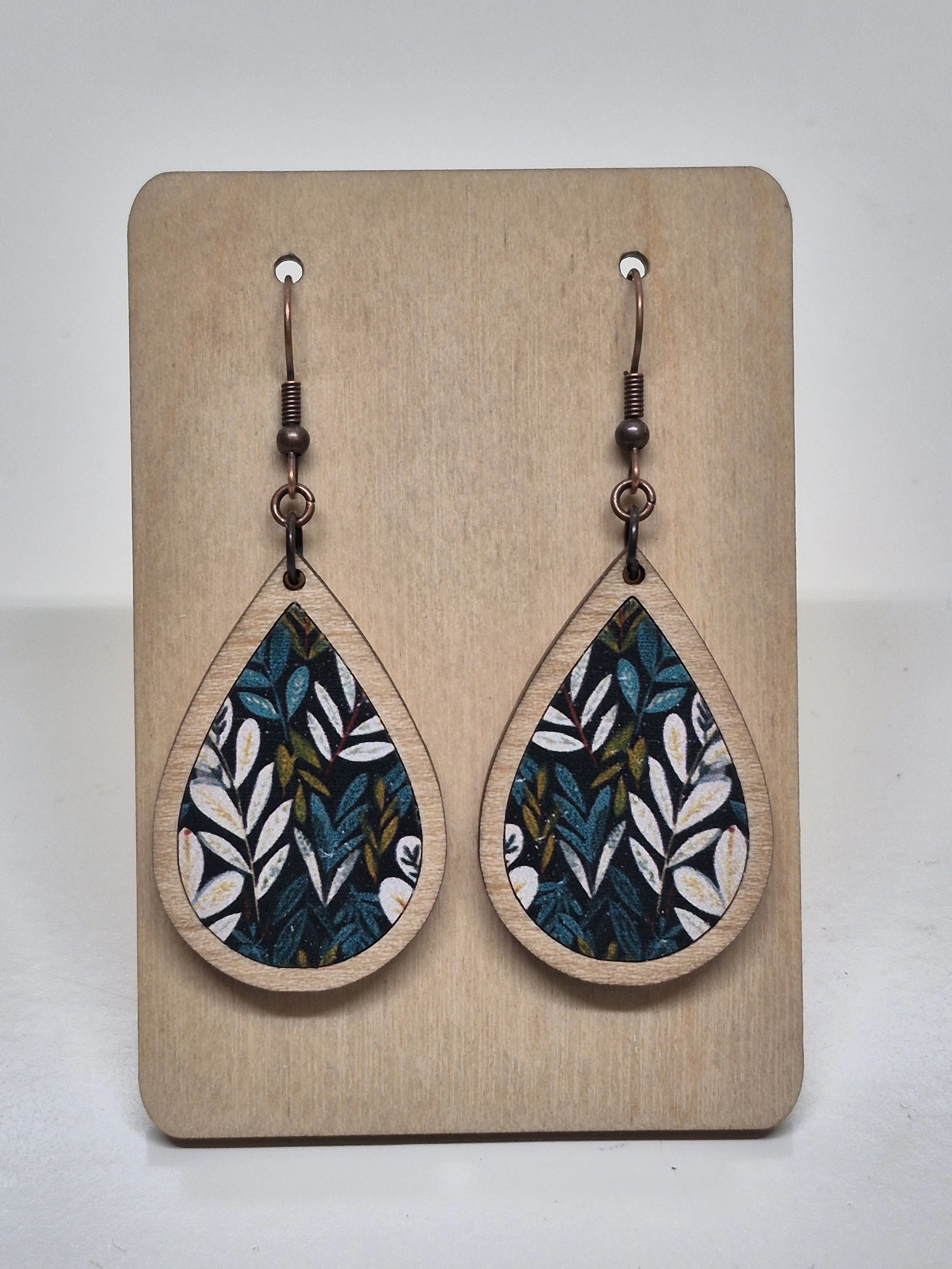 Teal / White Leaf Design Teardrop Earrings
