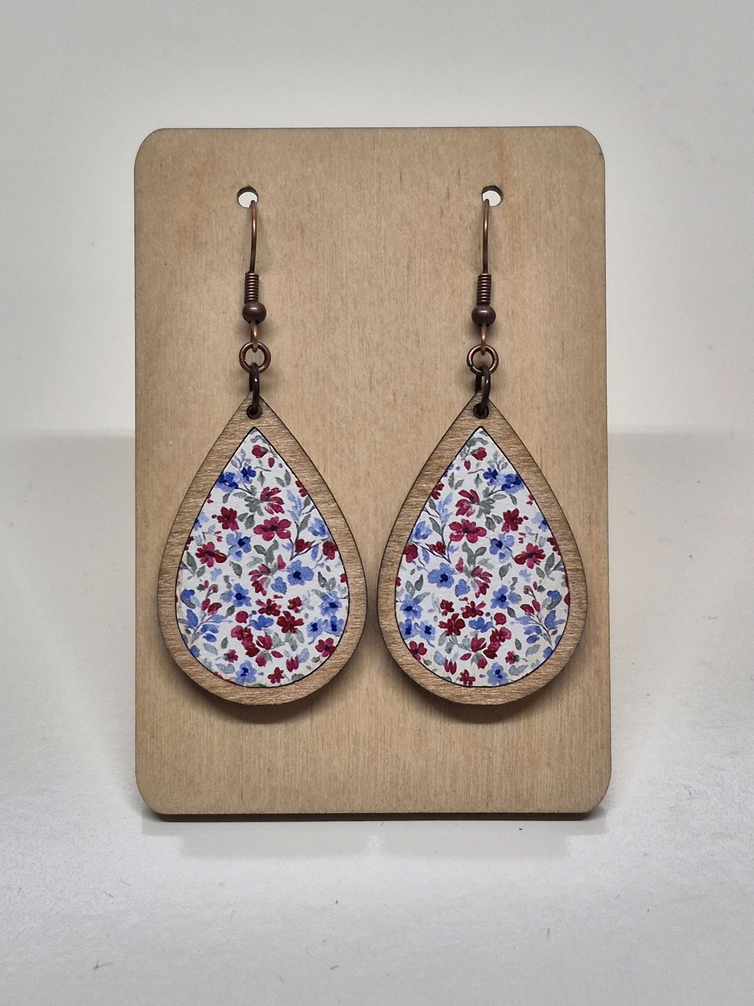 Blue and Red Floral Design Teardrop Earrings