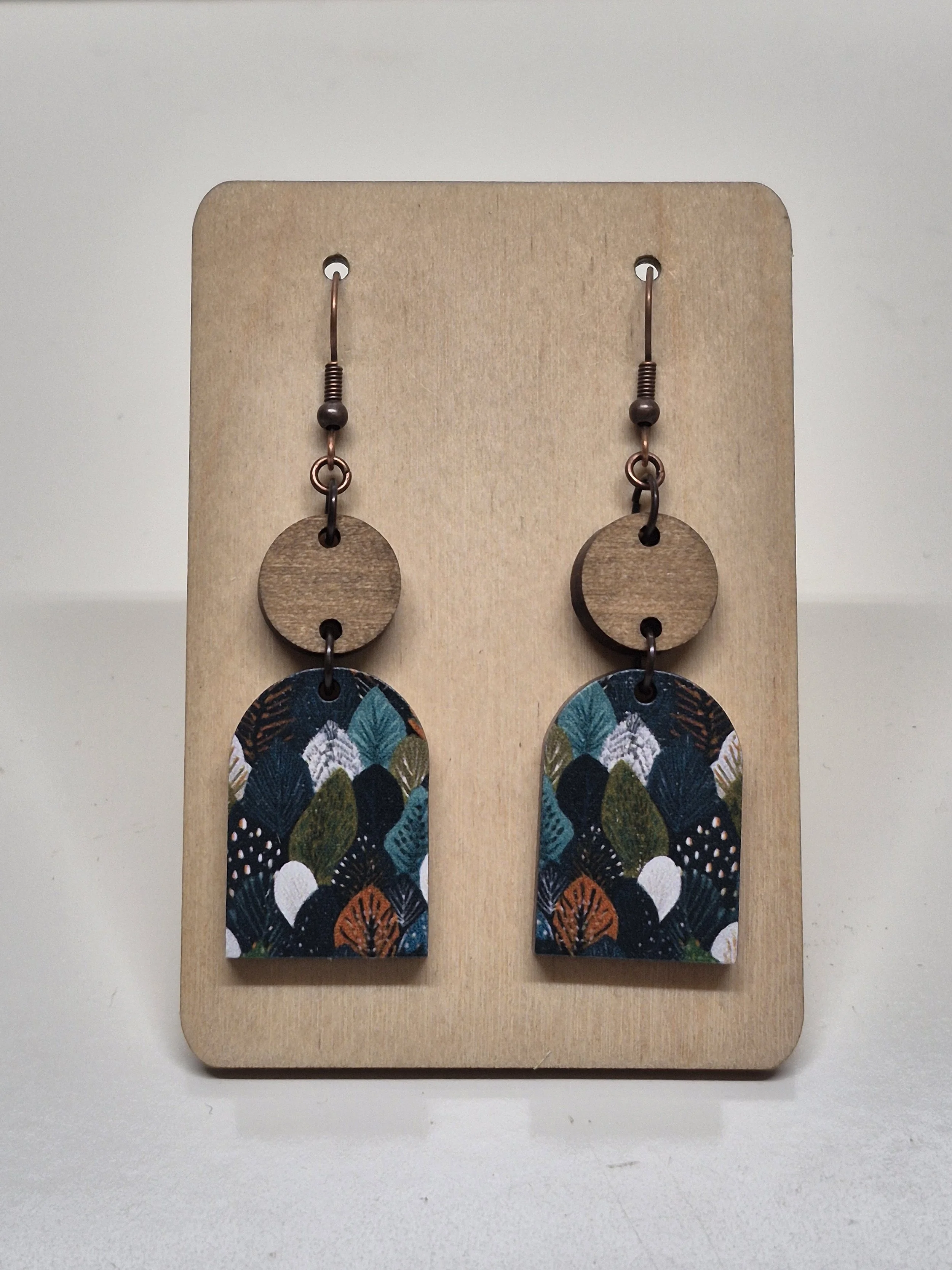 Teal / White Leaf Pattern Arched Dangle Earrings