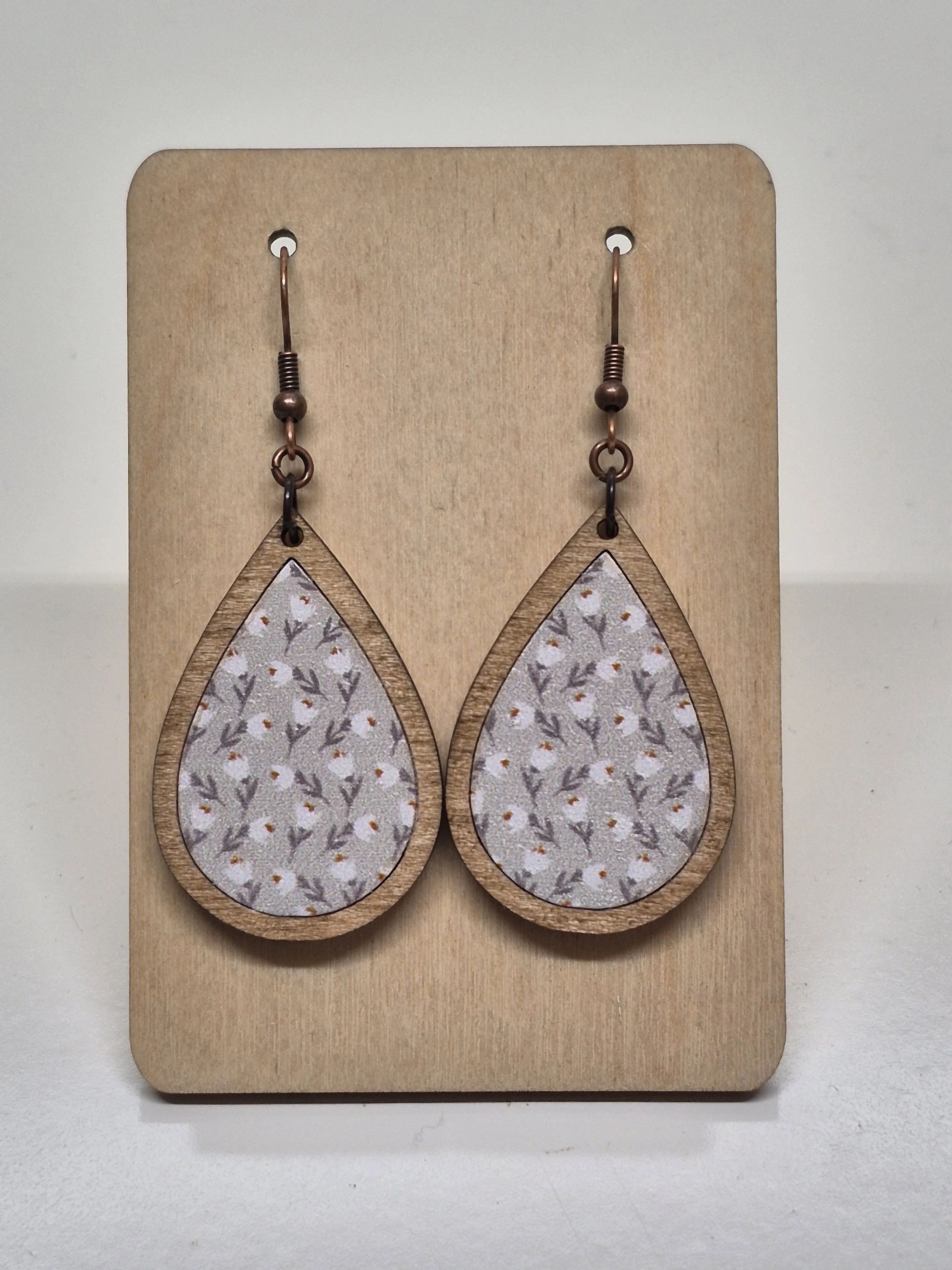 Floral Design with Gray Background Teardrop Dangle Earrings