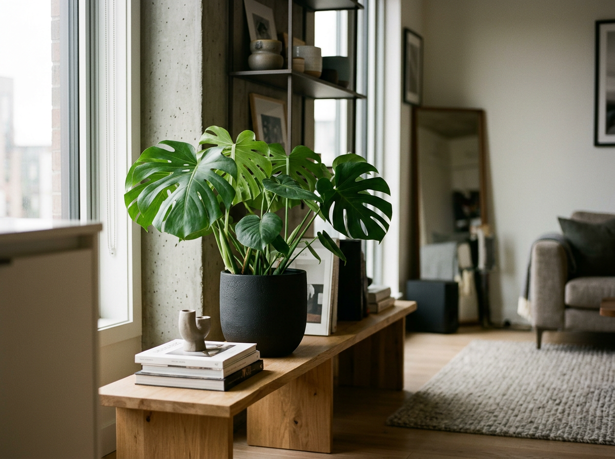 Intérieur moderne d'un salon avec un meuble en bois sur lequel se trouve une grande plante Monstera dans un pot noir, quelques livres, un petit vase en céramique, un miroir au fond, un canapé gris et un tapis beige.
