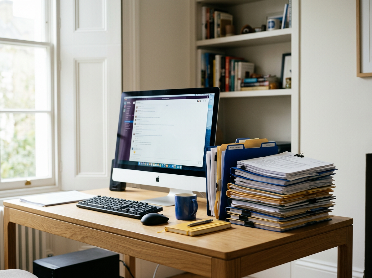 Bureau en bois avec un ordinateur Apple, une tasse bleue, un carnet, une pile de documents organisés dans des classeurs, et des livres en arrière-plan sur une étagère.
