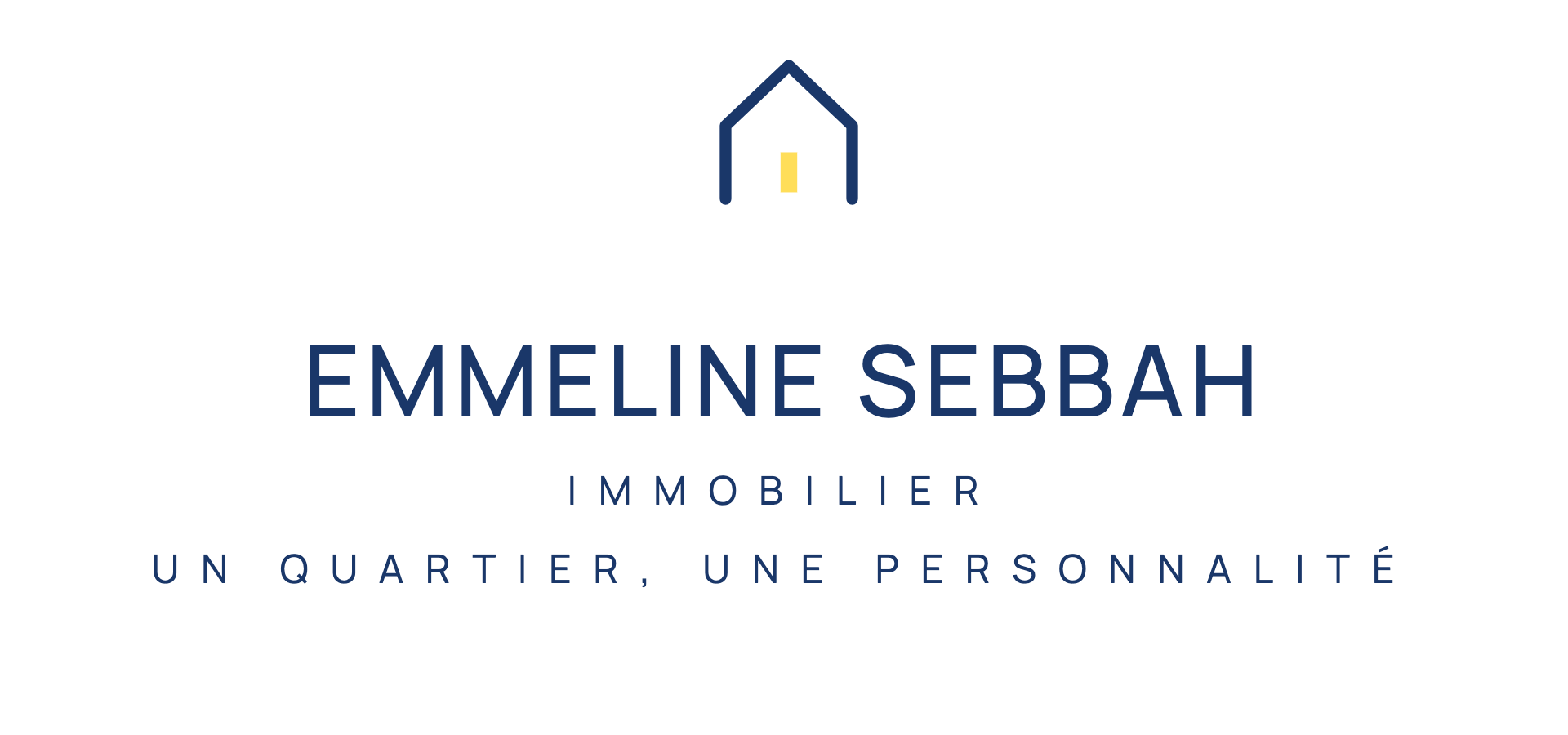Logo immobilier Emmeline Sebbah, avec une maison stylisée en haut, et le texte "Emmeline Sebbah Immobilier, un quartier, une personnalité" en dessous.
