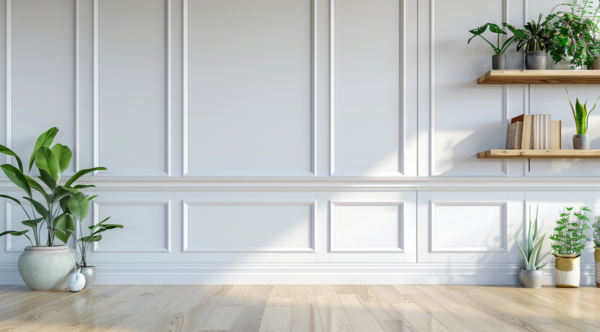 Intérieur moderne avec des plantes en pot sur le sol et des étagères en bois avec des plantes, des livres et des décorations, mur blanc avec moulures et parquet en bois naturel