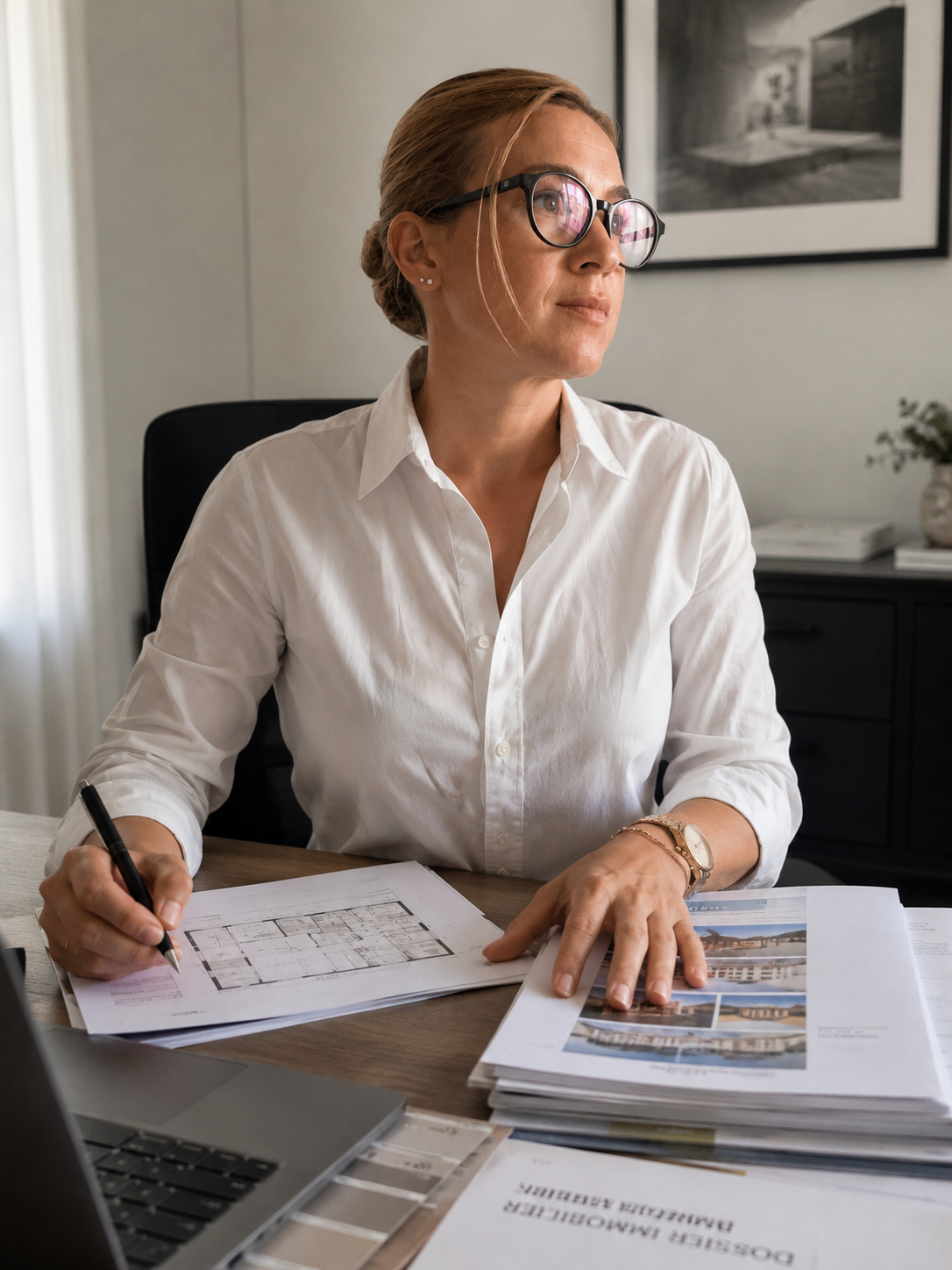 Femme architecte ou designer travaillant à un bureau, examinant des plans et des images de projets architecturaux ou de construction.