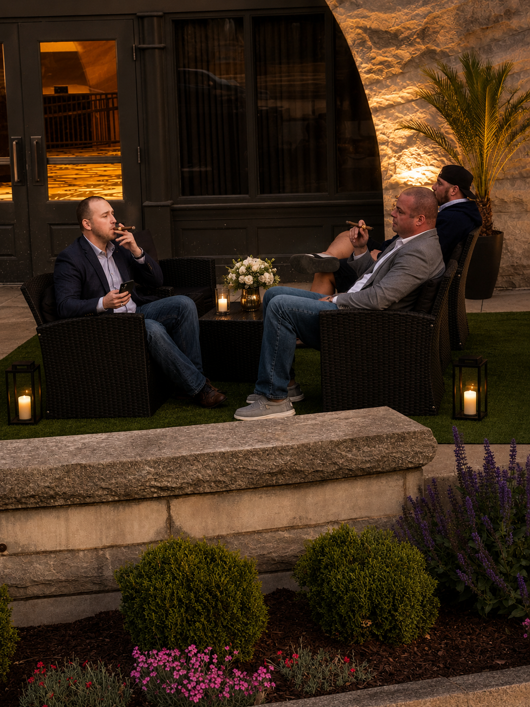 Outdoor Lounge Experience 

Our expanded outdoor lounge setups are designed to create a sophisticated cigar and social experience beyond the traditional setup. From luxury seating and cocktail tables to ambient lighting and curated lounge decor, we t