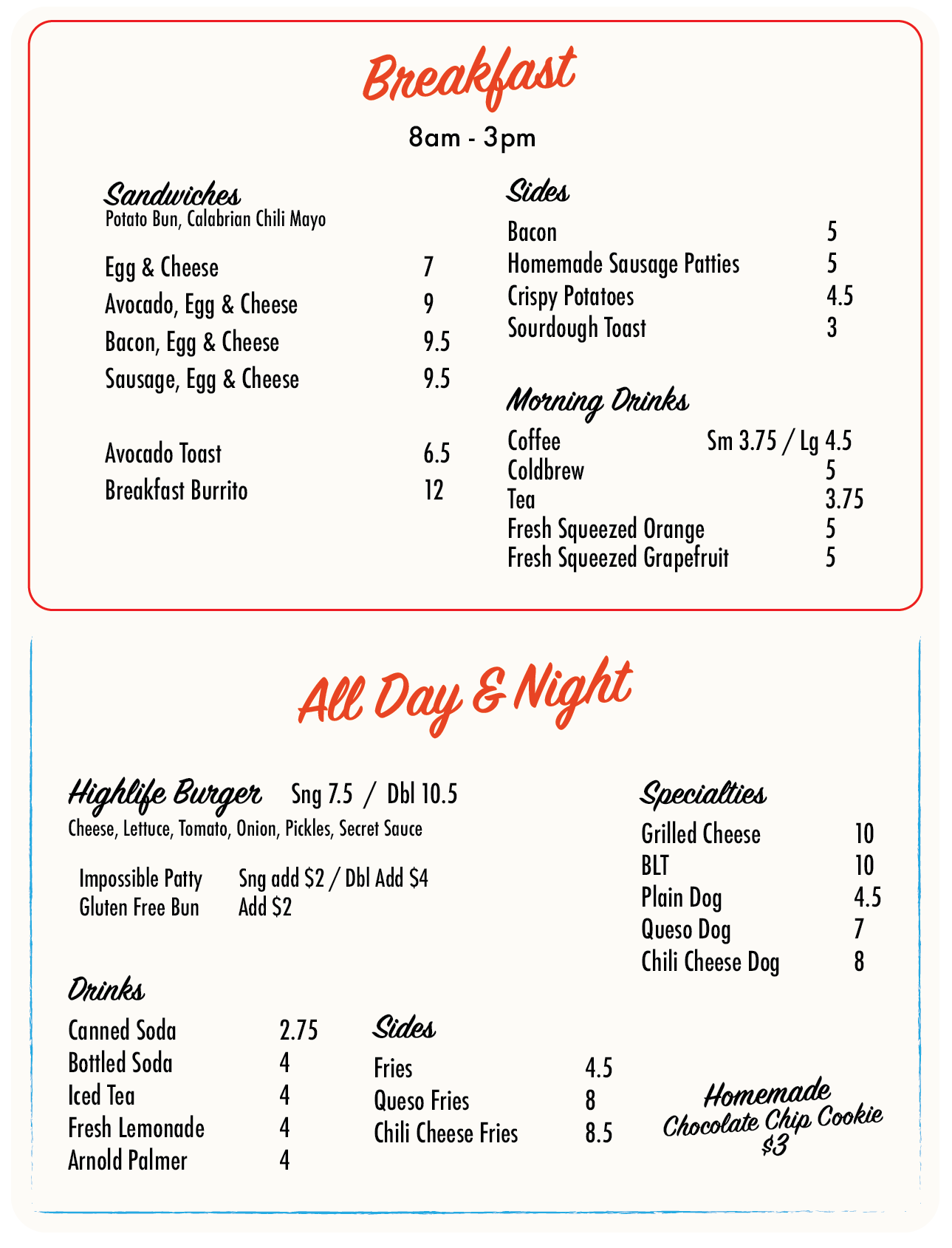 Breakfast menu featuring sections for breakfast, all day and night, with items like sandwiches, sides, morning drinks, burgers, and specialty hot dogs, along with their prices and options.