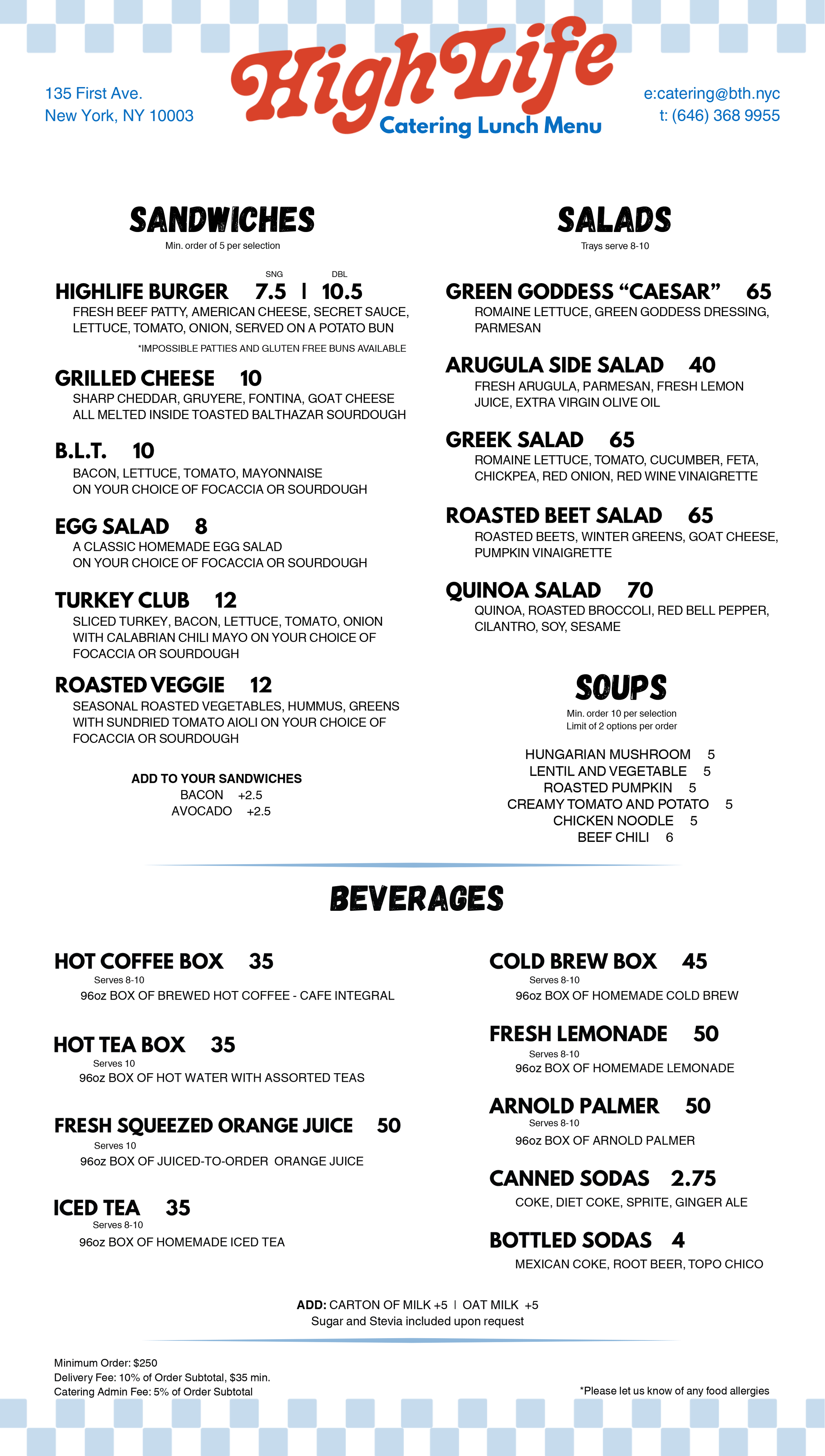 Catering lunch menu for HighLife, located at 135 First Ave, New York, NY 10003. Menu sections include sandwiches, salads, soups, and beverages with various options and prices listed.