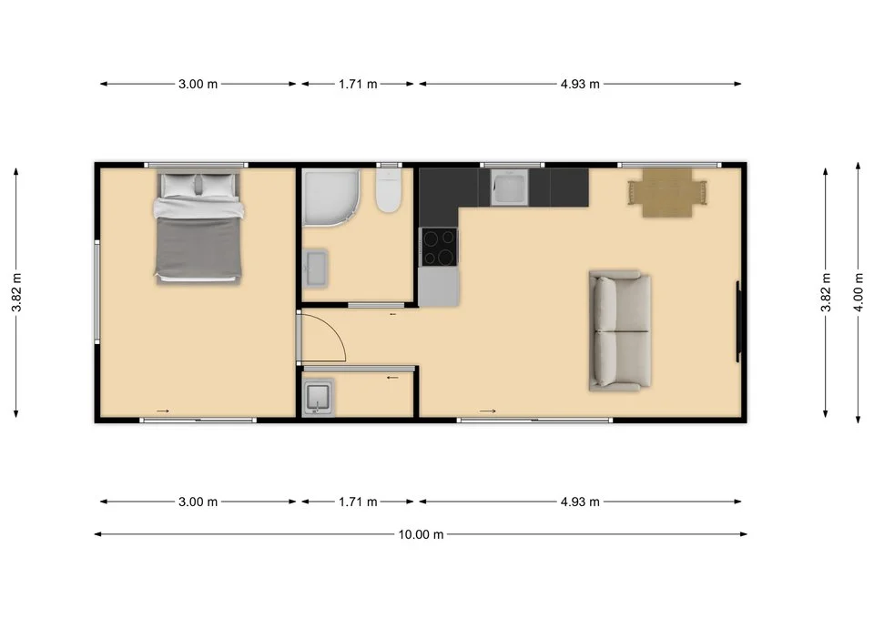 Floor plan of a small rectangular house with a bedroom, bathroom, kitchen, and living room. The house measures 10 meters by 4 meters.