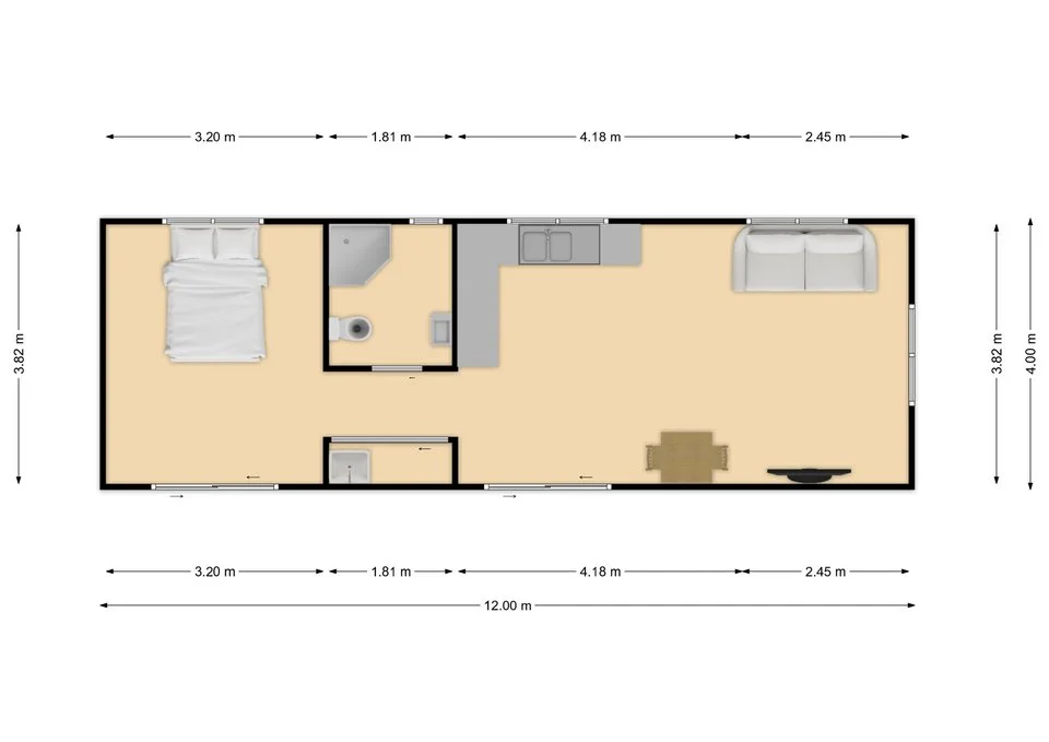 Floor plan of a small rectangular apartment with a bedroom, bathroom, kitchen, and living room, including measurements in meters.