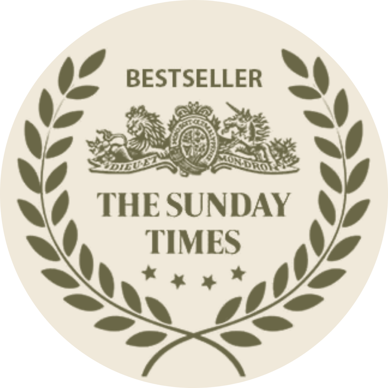 A circular badge with the word "Bestseller" at the top, a lion and unicorn crest in the center, the text "The Sunday Times" below the crest, and a laurel wreath surrounding the design.