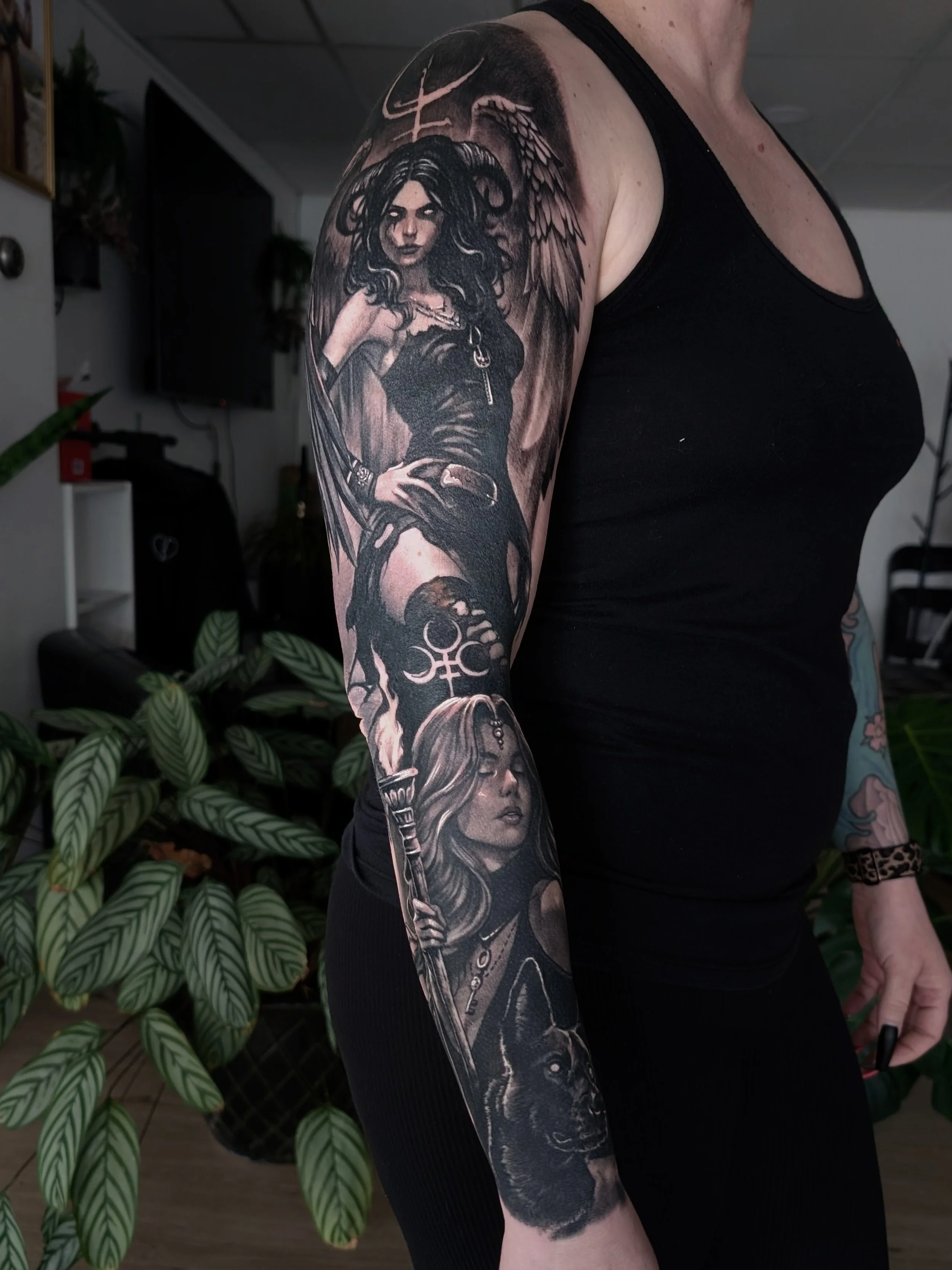 black and grey realism sleeve with two female goddesses 