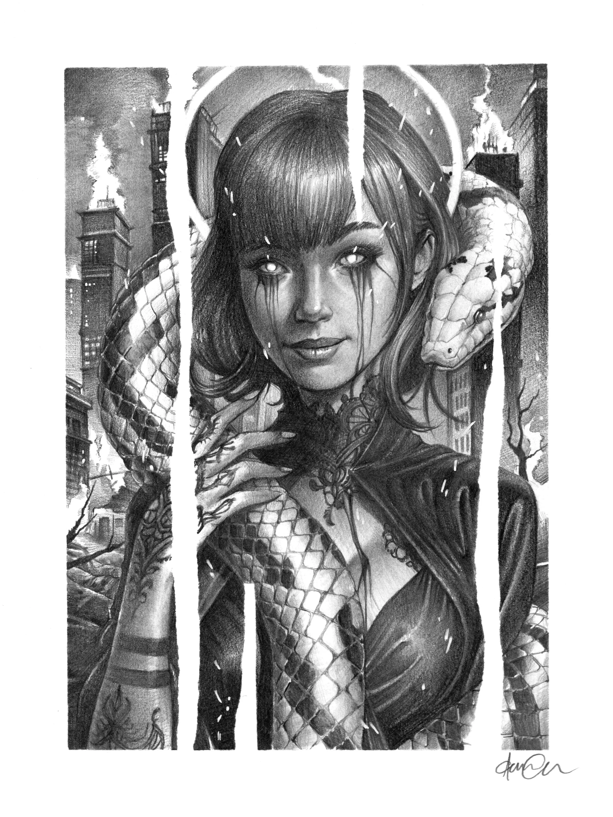 pencil drawing of woman with a snake on her shoulders standing in front of a burning city