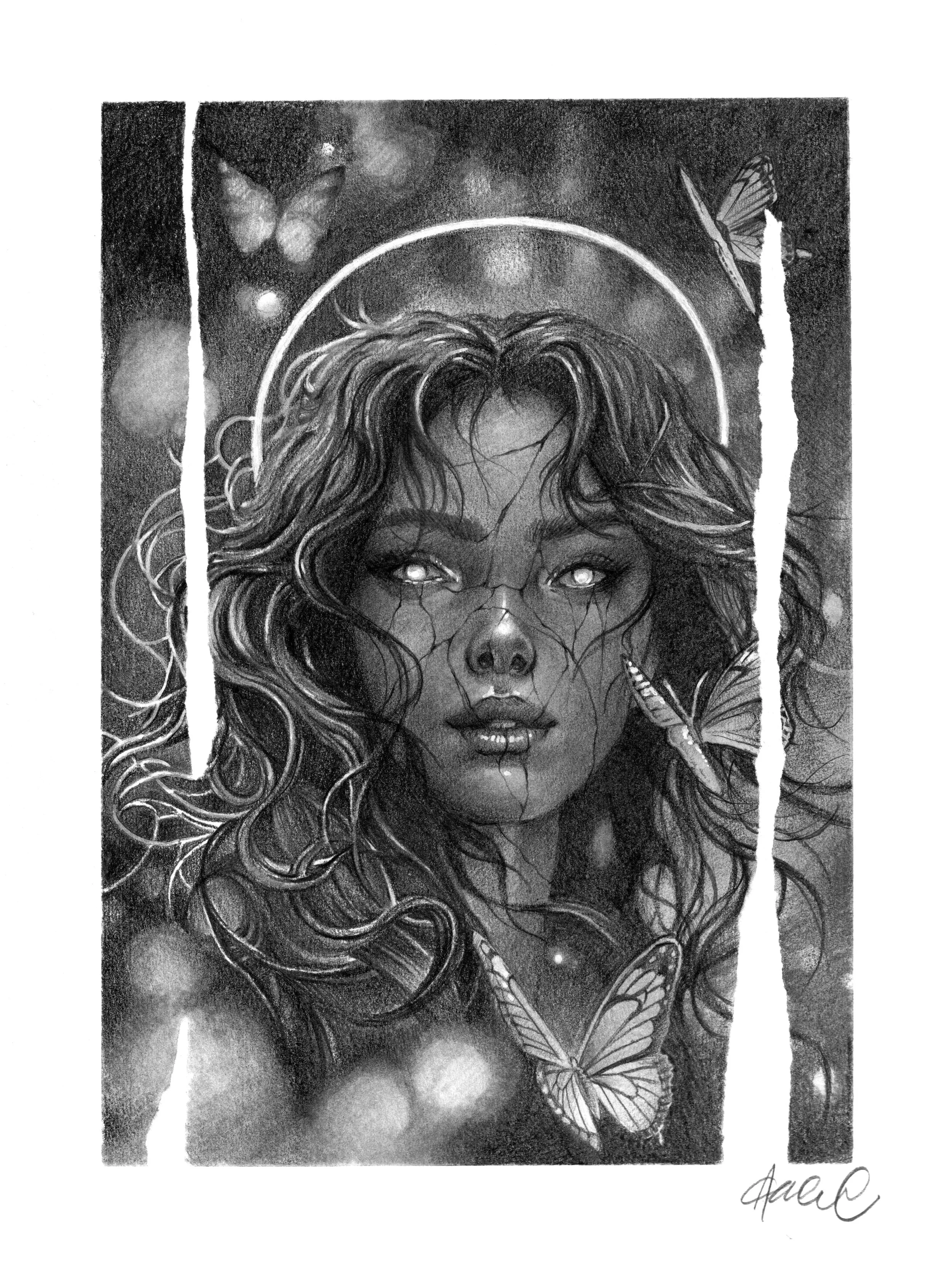Pencil drawing of young woman surrounded by butterflies 