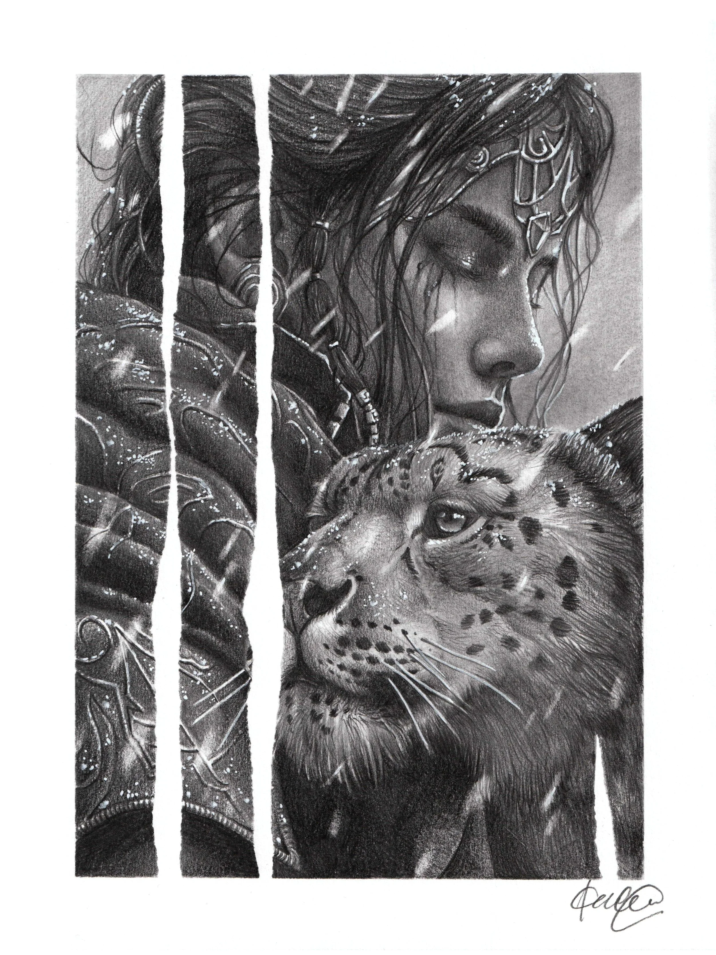 Pencil drawing of a young woman hugging a snow leopard