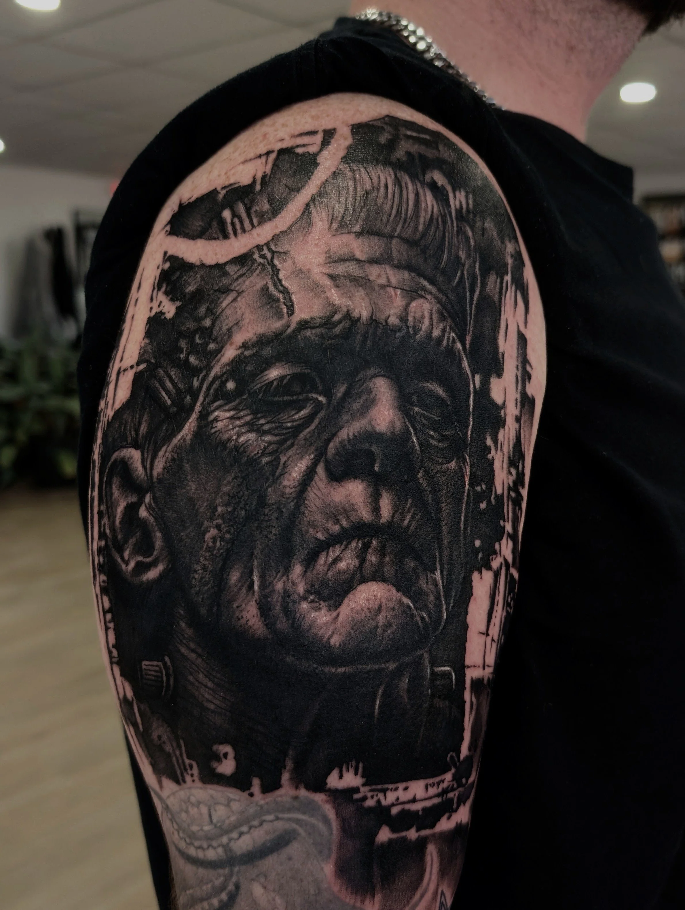 black and grey portrait of Frankenstein's monster