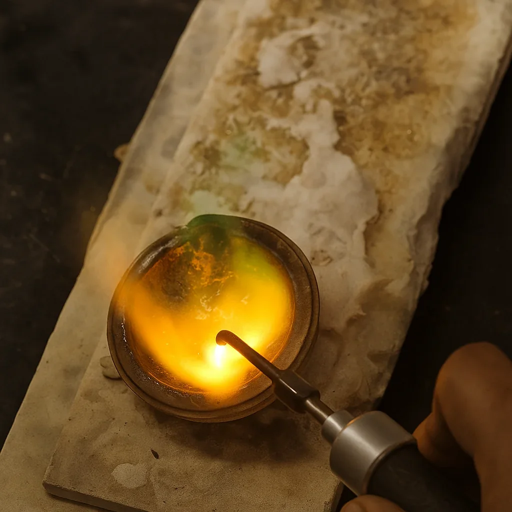 Jeweller melting gold with a handheld torch in a workshop, symbolizing Layaz’s hallmark of quality, precision, and artisanal craftsmanship.